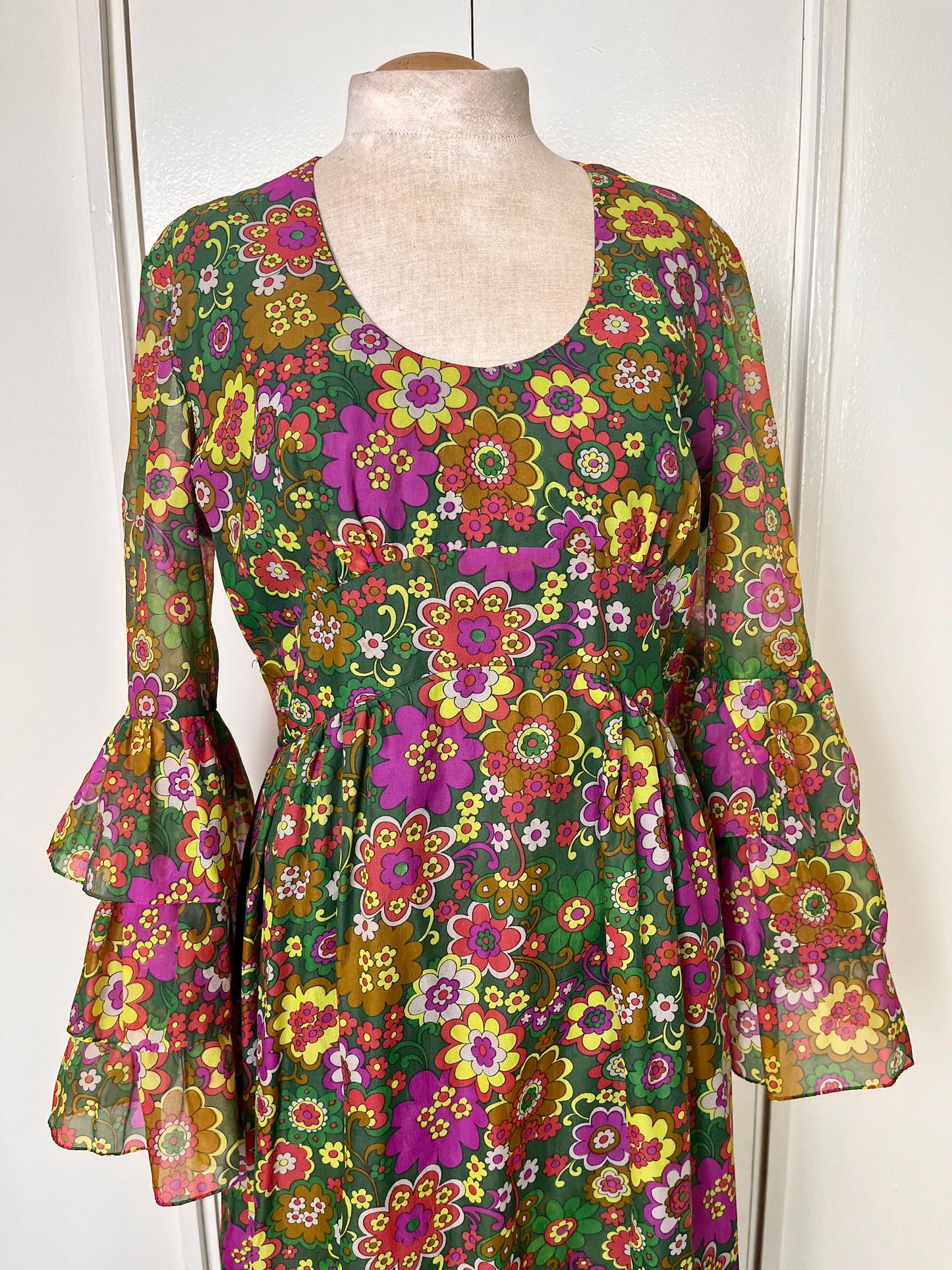 Vintage 1970's Groovy-Floral Bohemian Trumpet Sleeve Maxi Dress