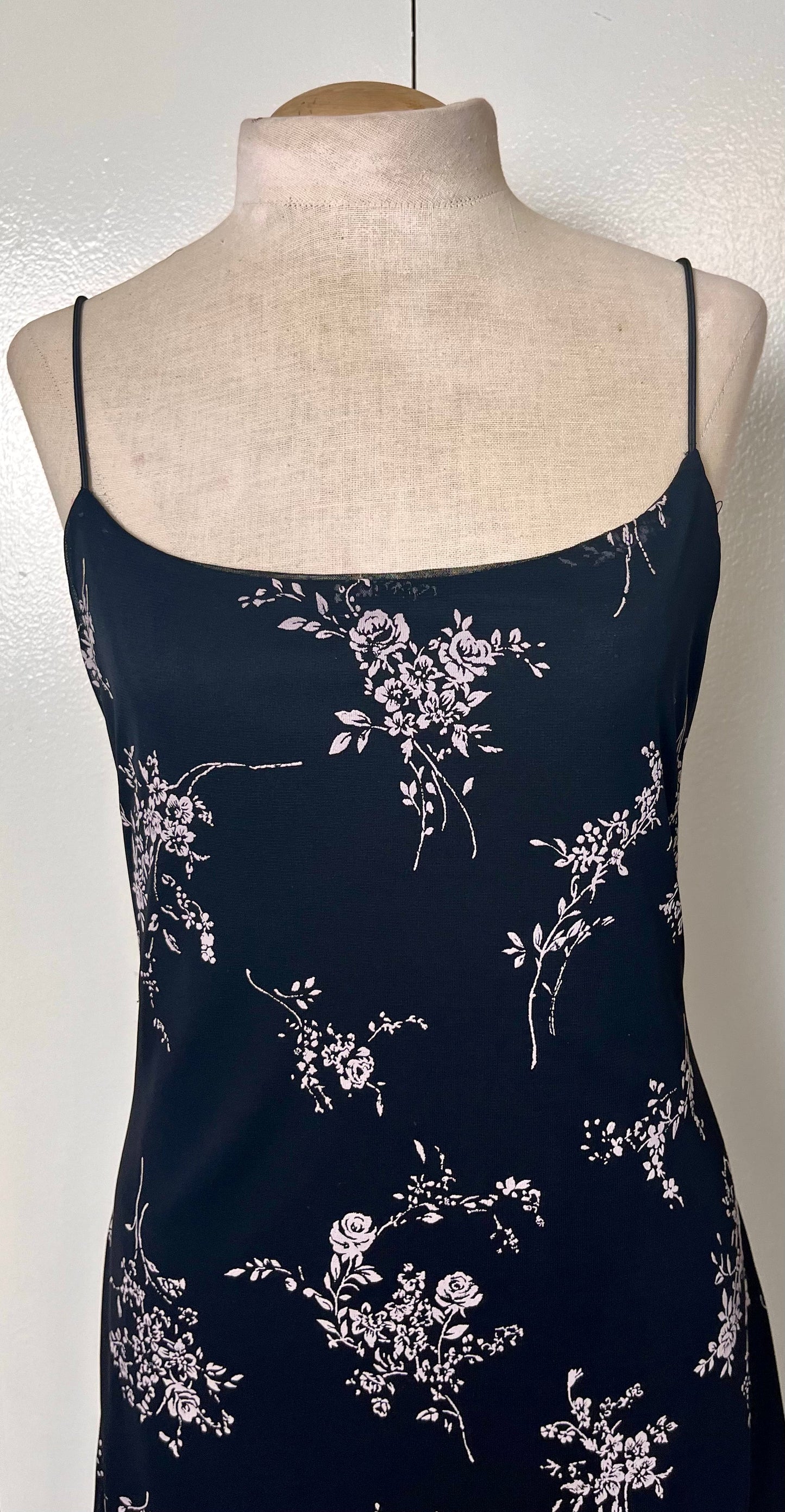 Vintage 1990's "Byer Too California" Black & White Floral Slip Dress w/ Tulip Hem