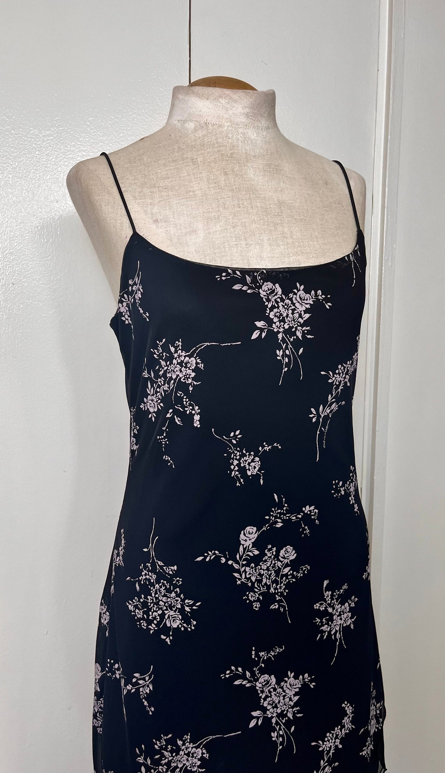 Vintage 1990's "Byer Too California" Black & White Floral Slip Dress w/ Tulip Hem