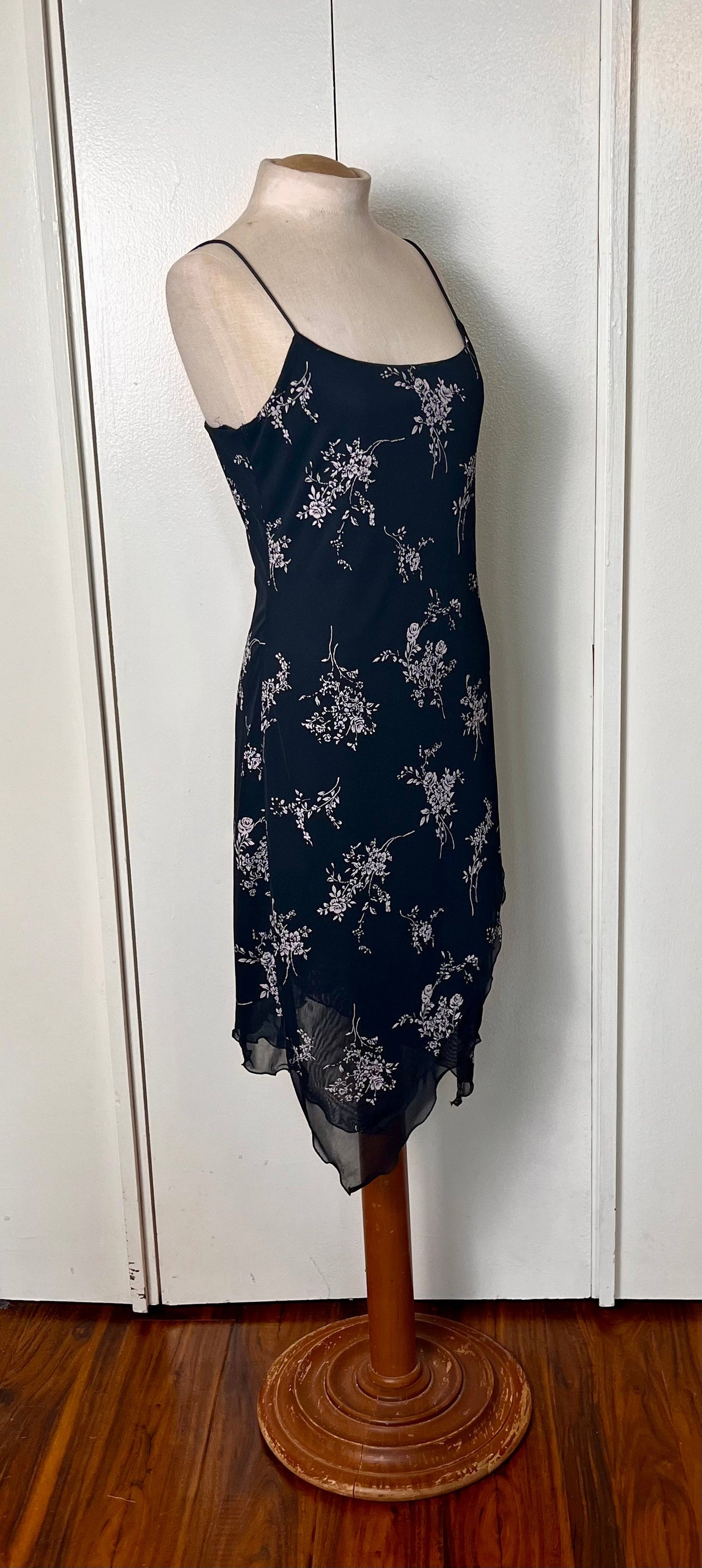 Vintage 1990's "Byer Too California" Black & White Floral Slip Dress w/ Tulip Hem