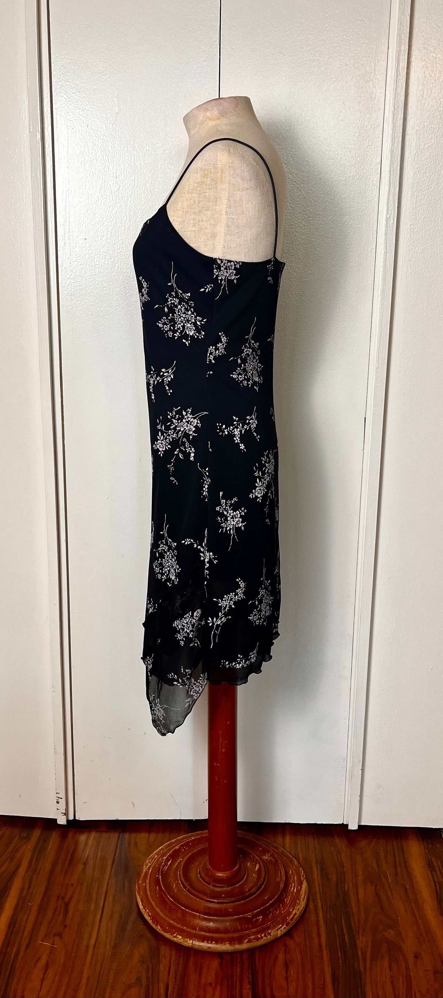 Vintage 1990's "Byer Too California" Black & White Floral Slip Dress w/ Tulip Hem