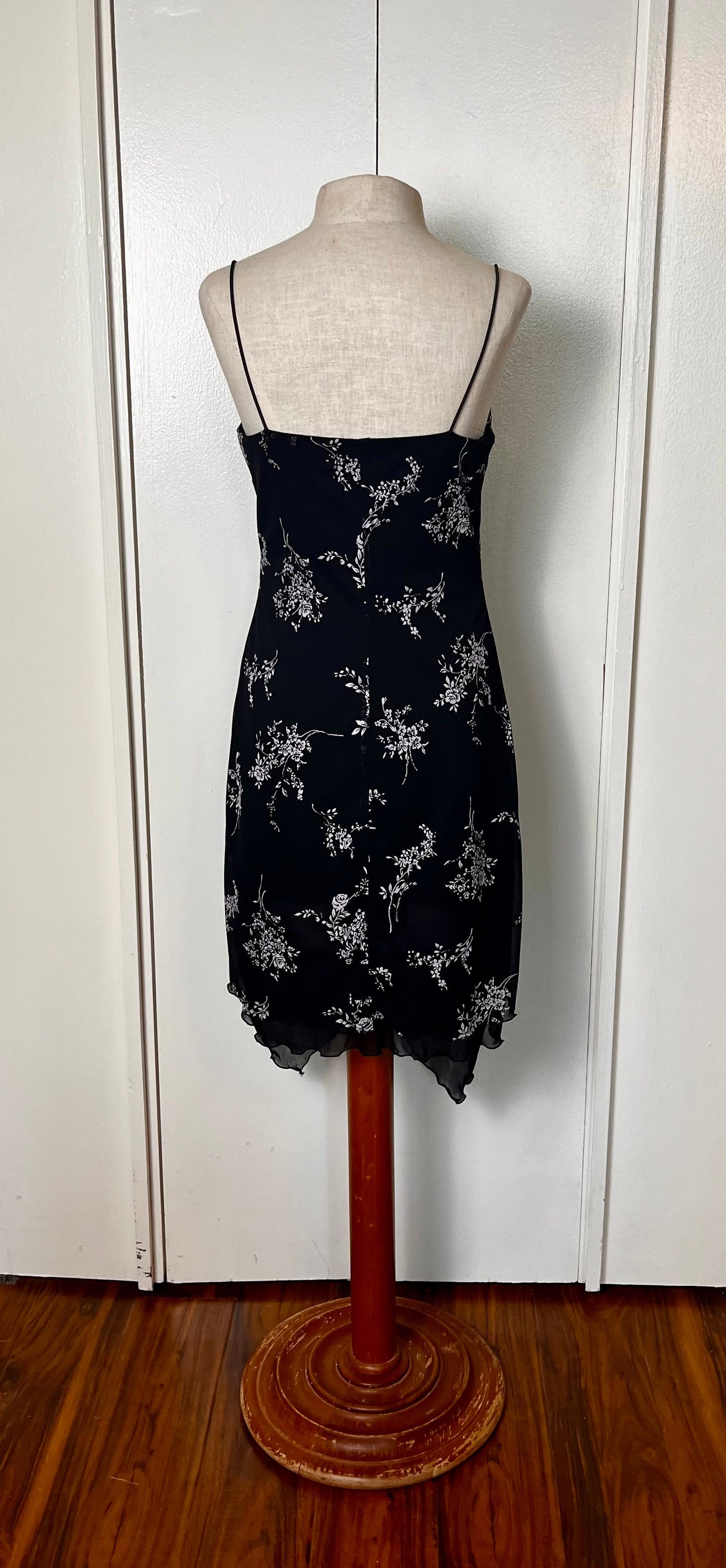 Vintage 1990's "Byer Too California" Black & White Floral Slip Dress w/ Tulip Hem