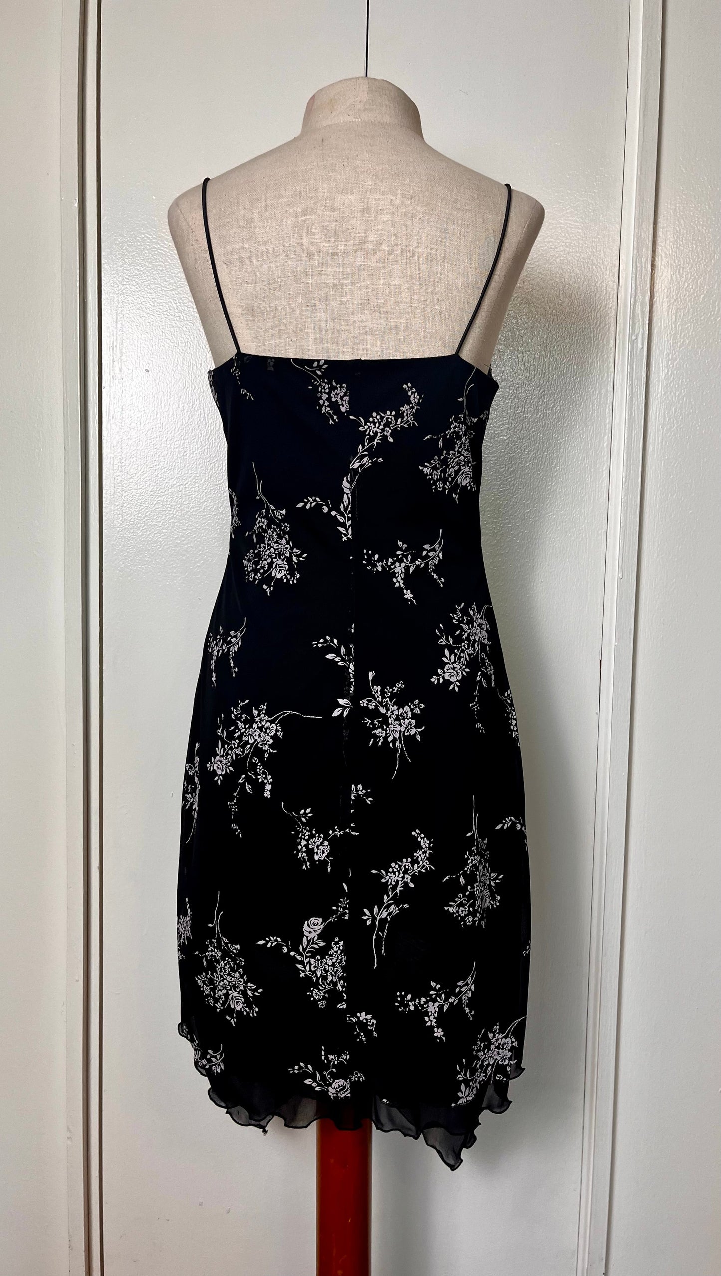 Vintage 1990's "Byer Too California" Black & White Floral Slip Dress w/ Tulip Hem