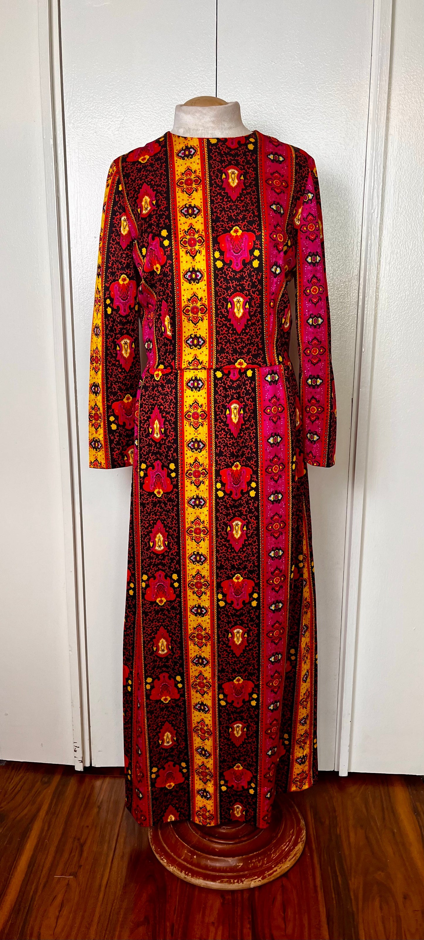 Vintage 1970's Black, Pink, & Yellow Bohemian-Print Long Sleeve Jersey Maxi Dress