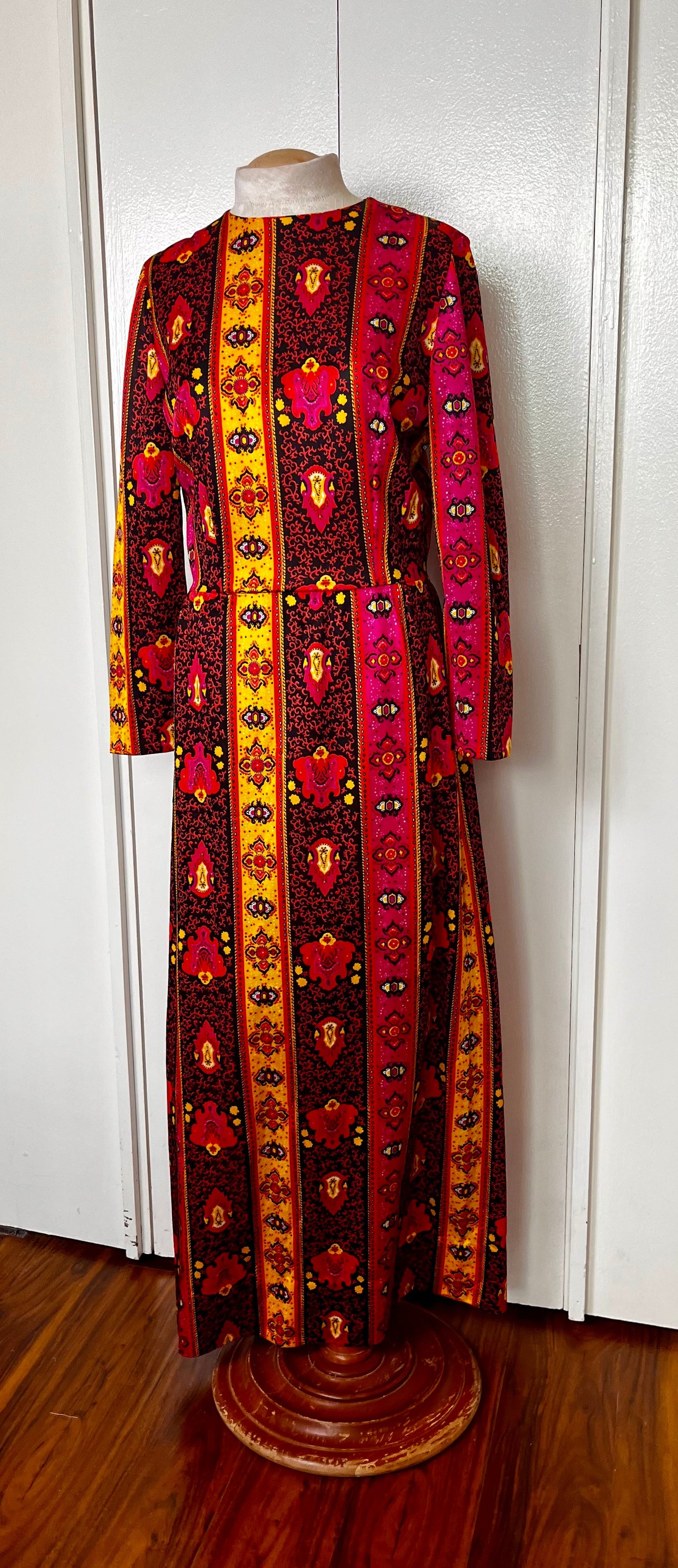 Vintage 1970's Black, Pink, & Yellow Bohemian-Print Long Sleeve Jersey Maxi Dress