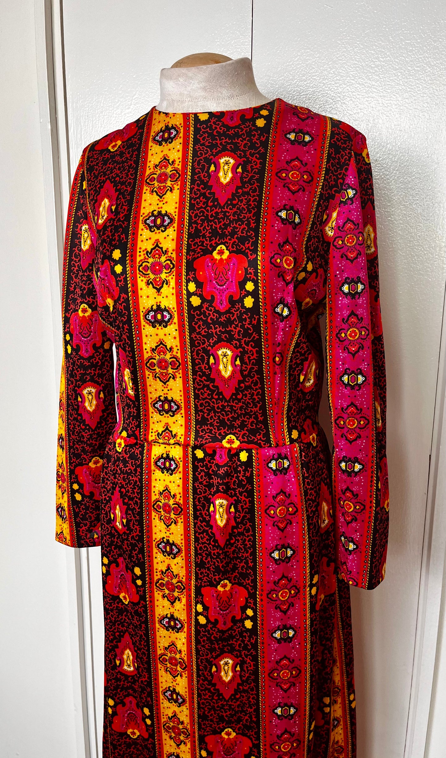 Vintage 1970's Black, Pink, & Yellow Bohemian-Print Long Sleeve Jersey Maxi Dress