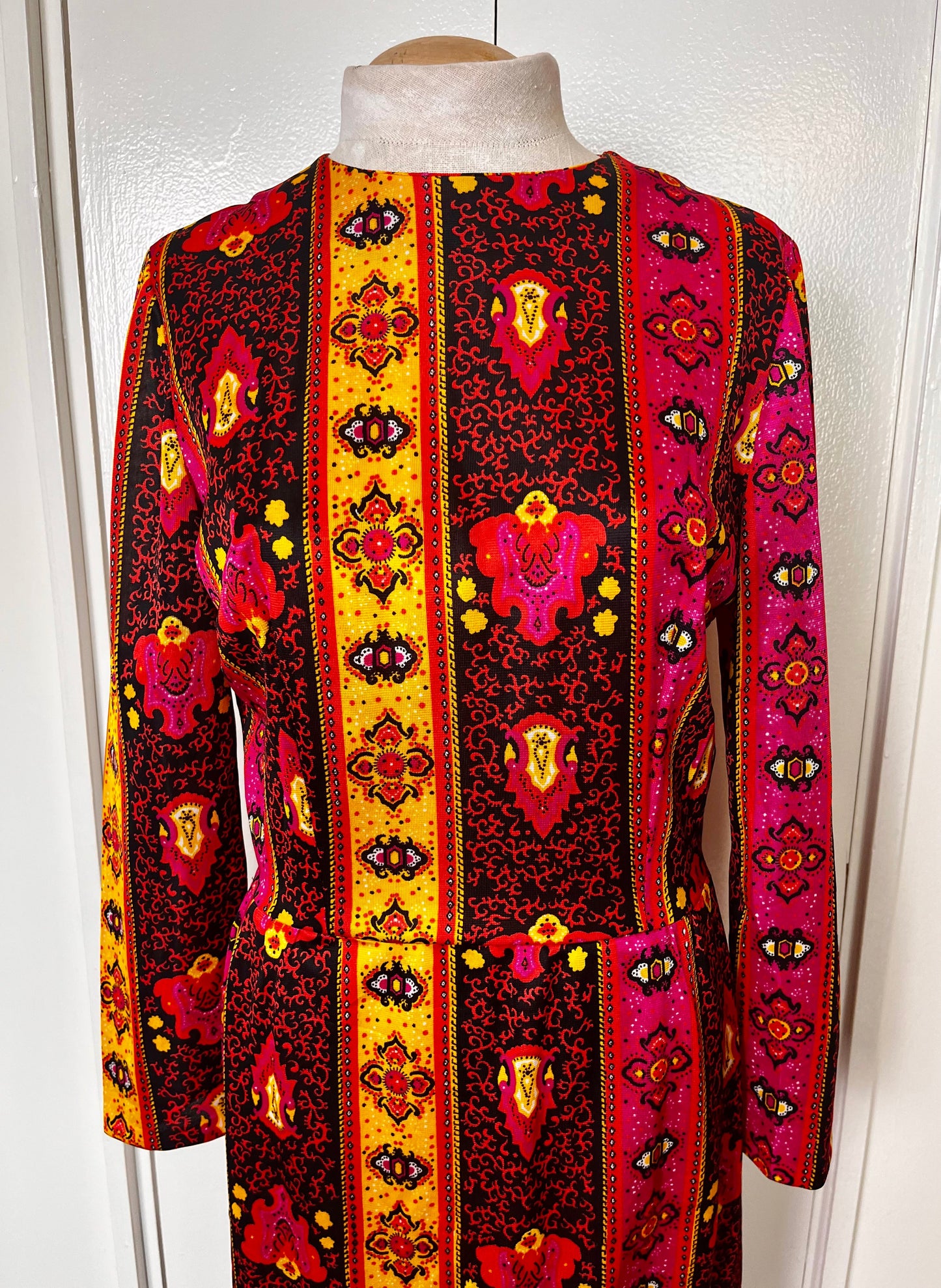 Vintage 1970's Black, Pink, & Yellow Bohemian-Print Long Sleeve Jersey Maxi Dress