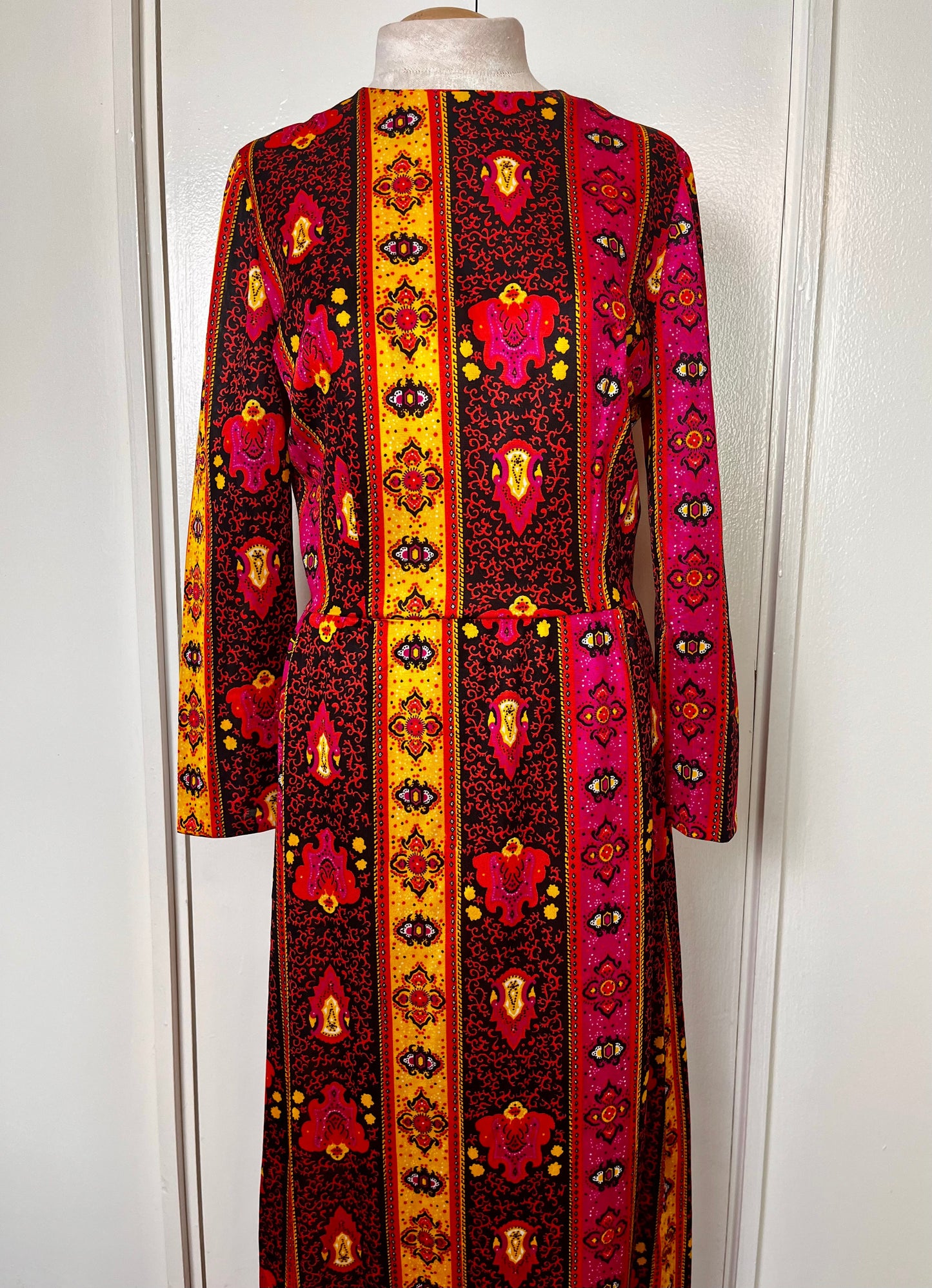 Vintage 1970's Black, Pink, & Yellow Bohemian-Print Long Sleeve Jersey Maxi Dress