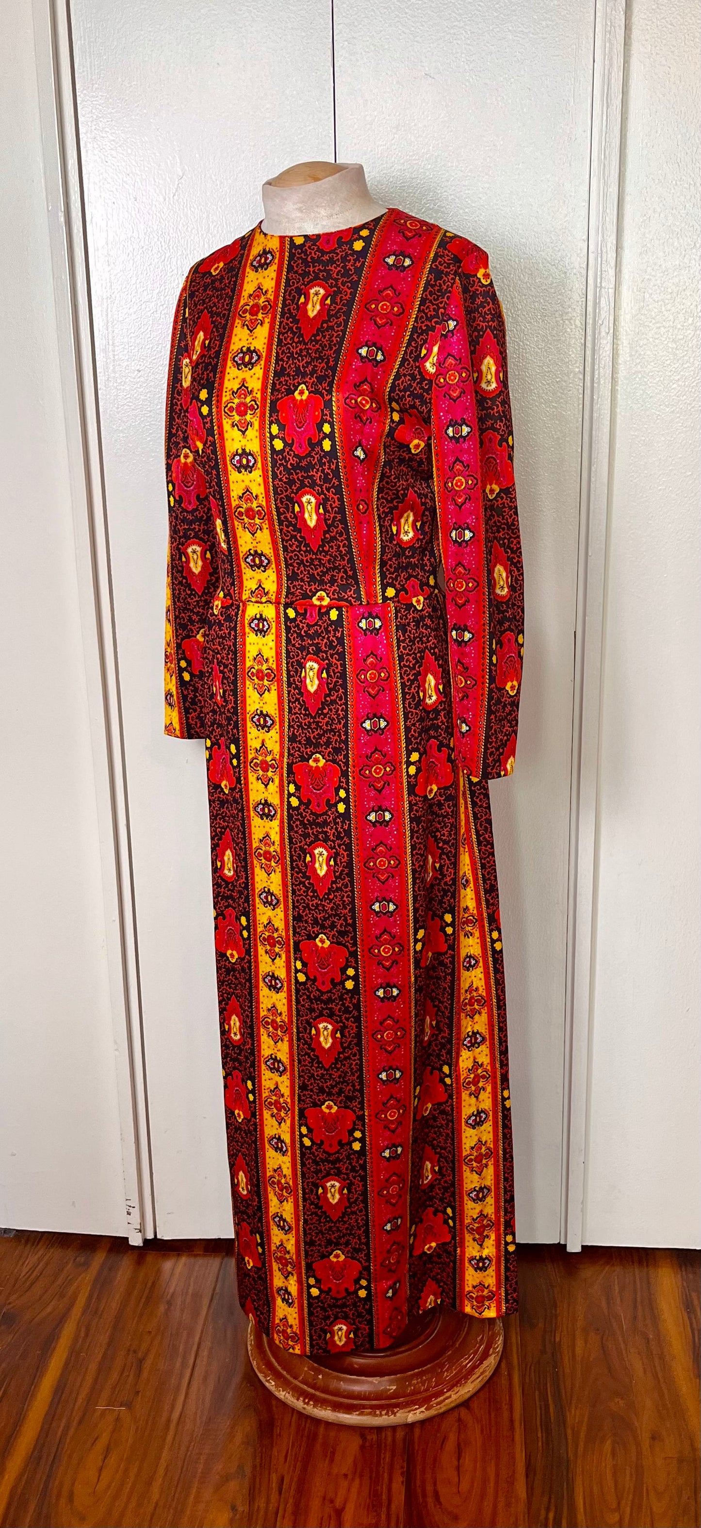 Vintage 1970's Black, Pink, & Yellow Bohemian-Print Long Sleeve Jersey Maxi Dress