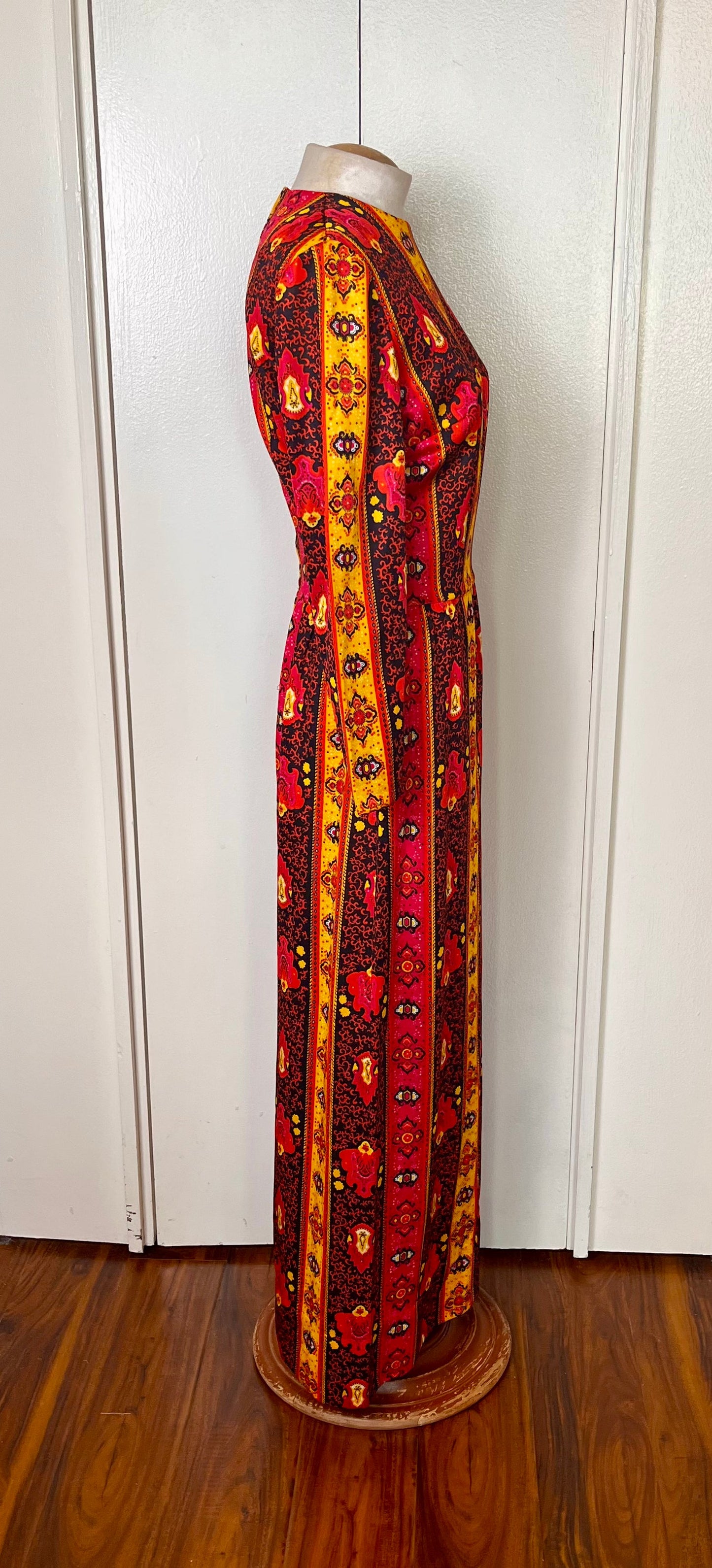 Vintage 1970's Black, Pink, & Yellow Bohemian-Print Long Sleeve Jersey Maxi Dress