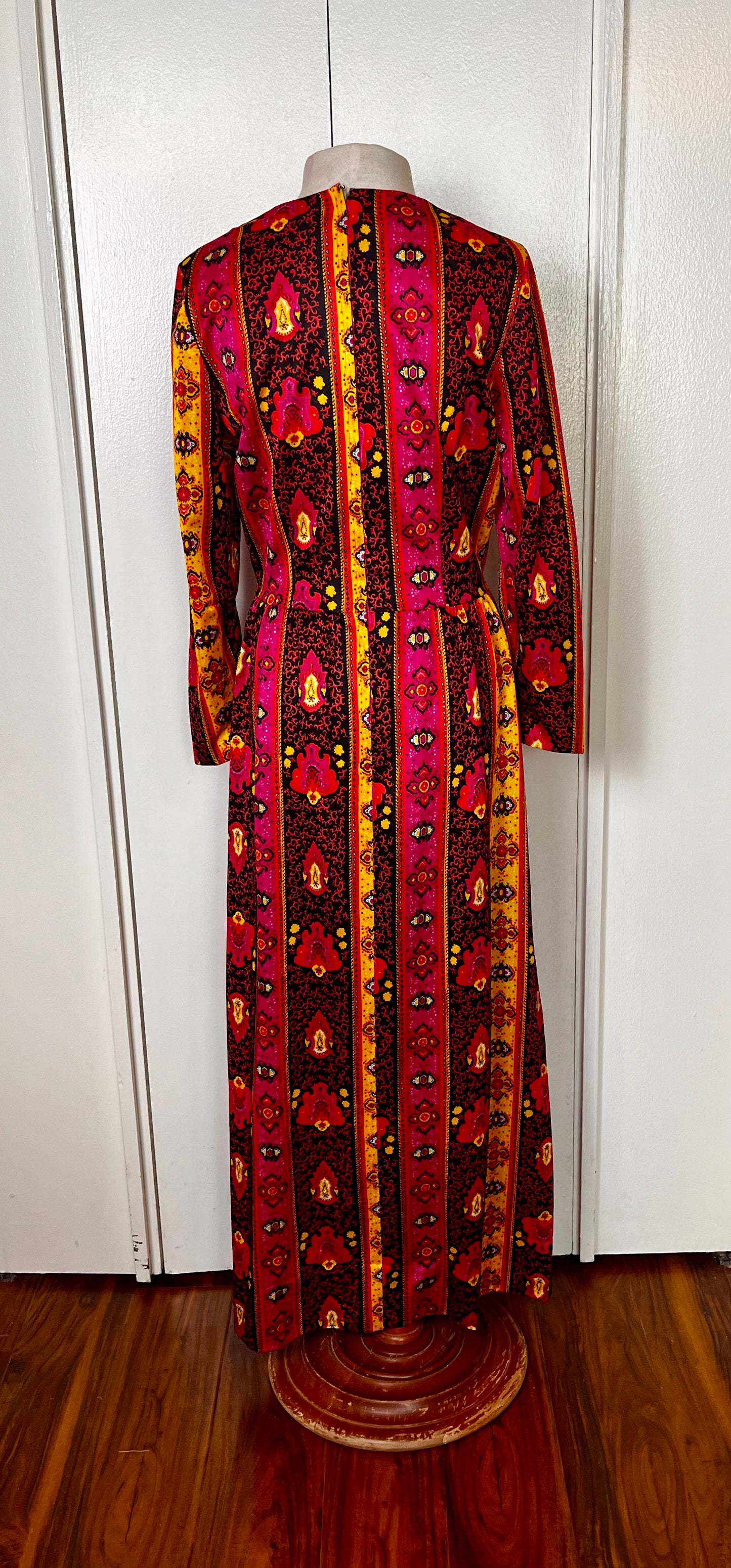 Vintage 1970's Black, Pink, & Yellow Bohemian-Print Long Sleeve Jersey Maxi Dress