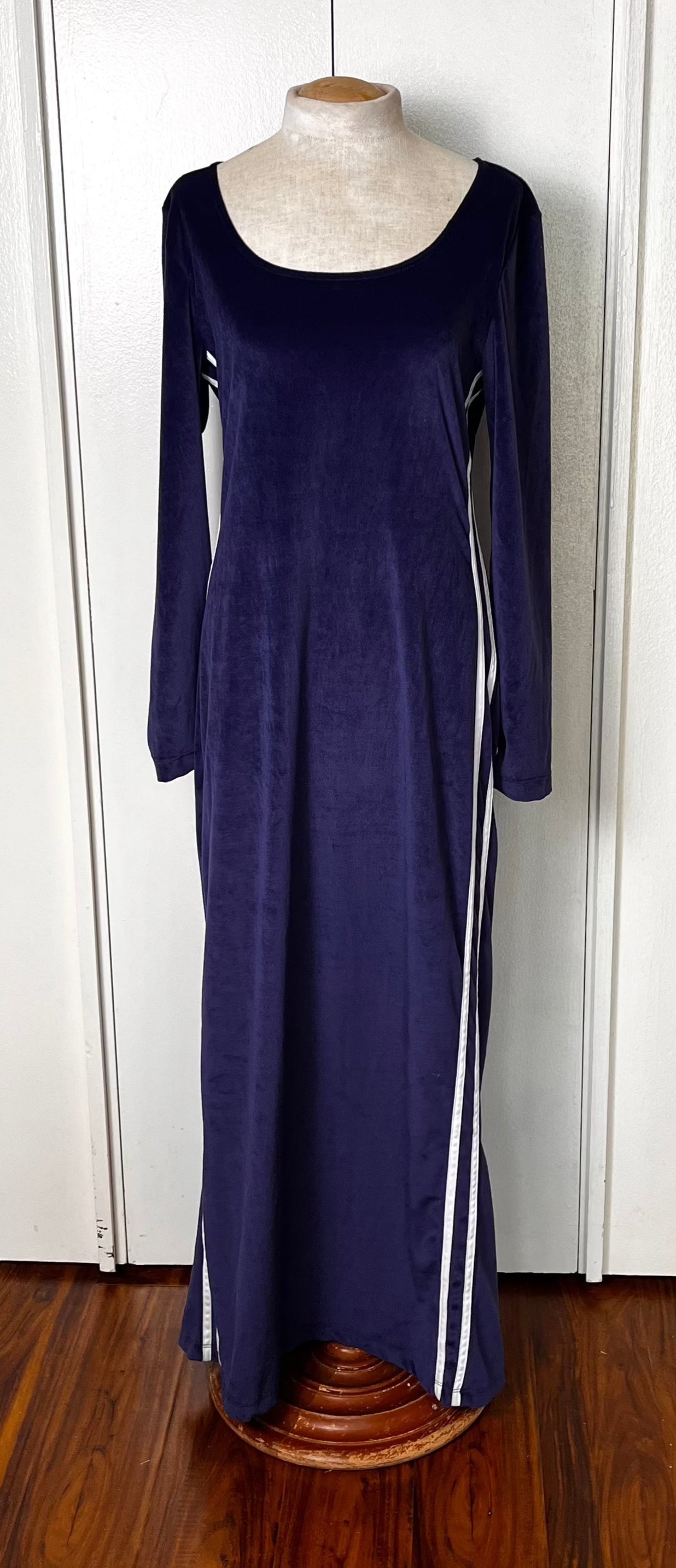 Vintage 1990's "LA Movers" Blue & White Athletic Stripe Long Sleeve Maxi Dress