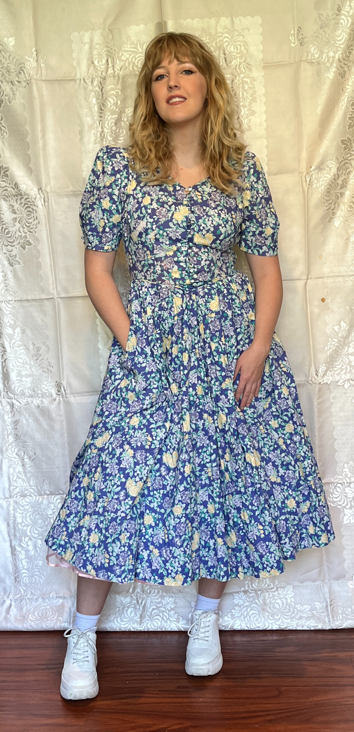 Vintage 1980’s "Laura Ashley" Indigo with Yellow & Purple Floral Dress
