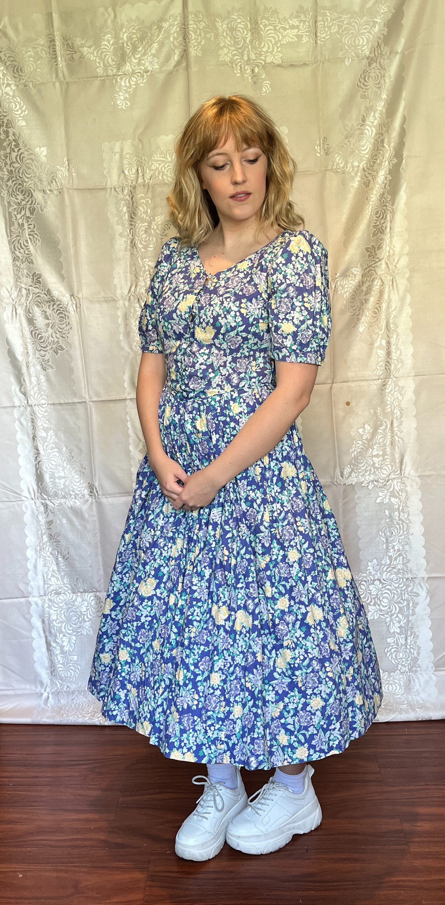 Vintage 1980’s "Laura Ashley" Indigo with Yellow & Purple Floral Dress