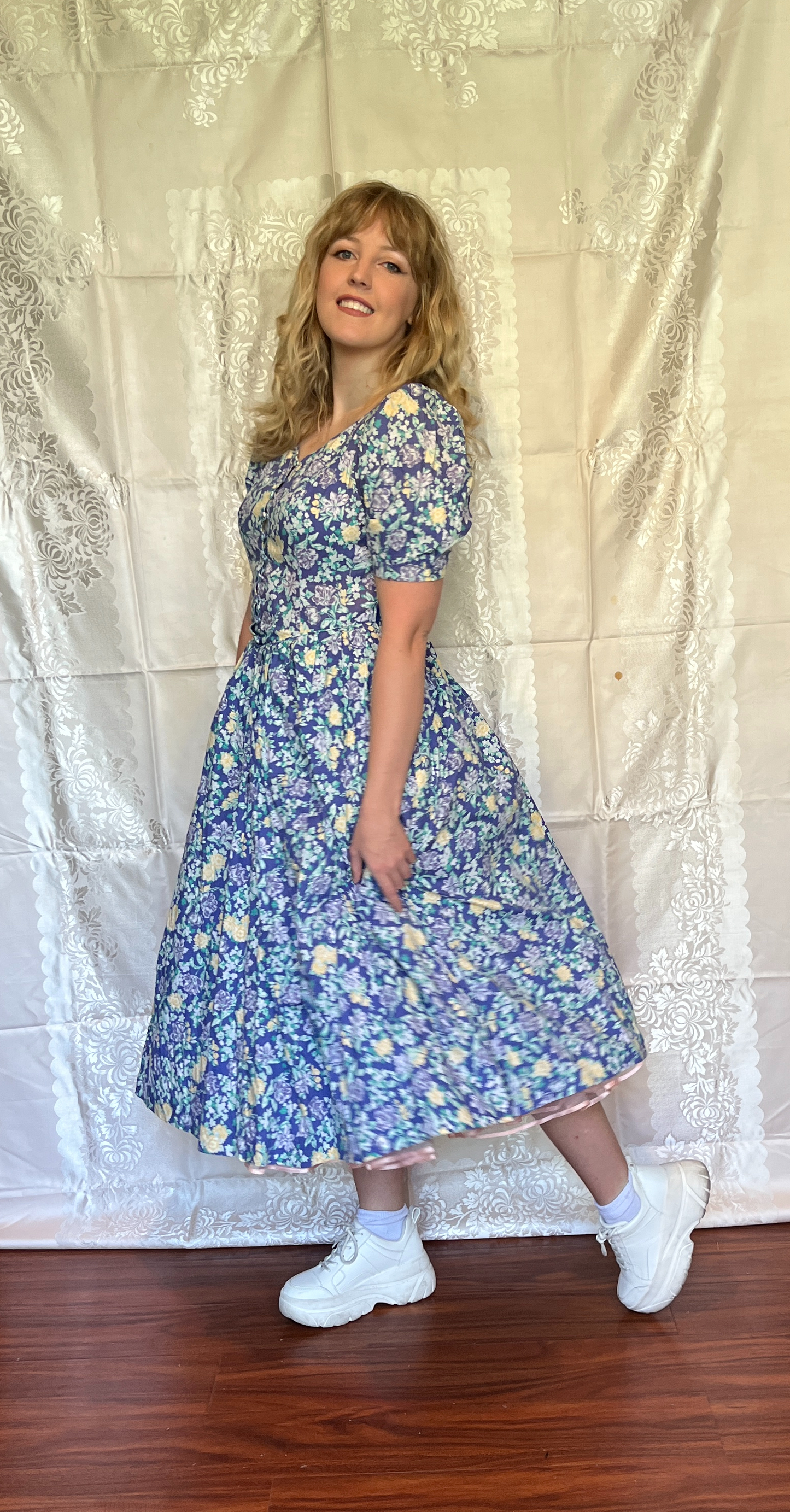 Vintage 1980’s "Laura Ashley" Indigo with Yellow & Purple Floral Dress