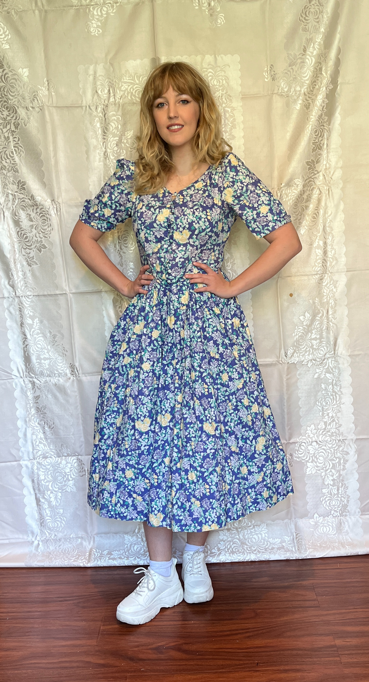 Vintage 1980’s "Laura Ashley" Indigo with Yellow & Purple Floral Dress