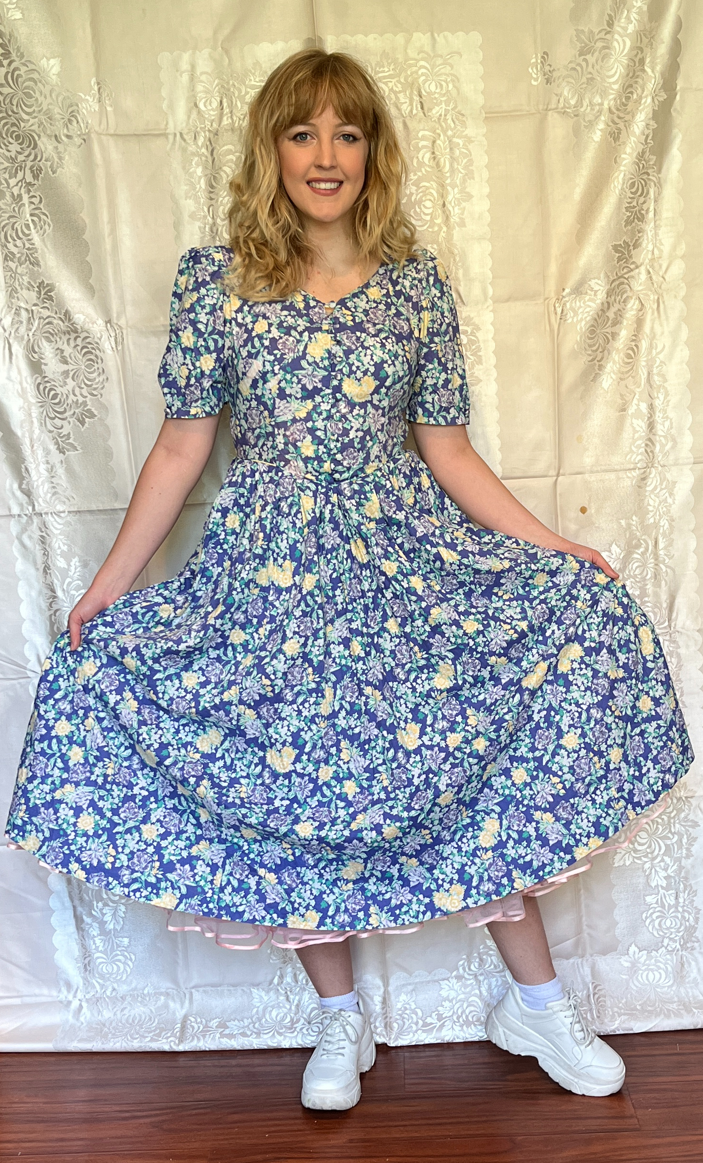 Vintage 1980’s "Laura Ashley" Indigo with Yellow & Purple Floral Dress