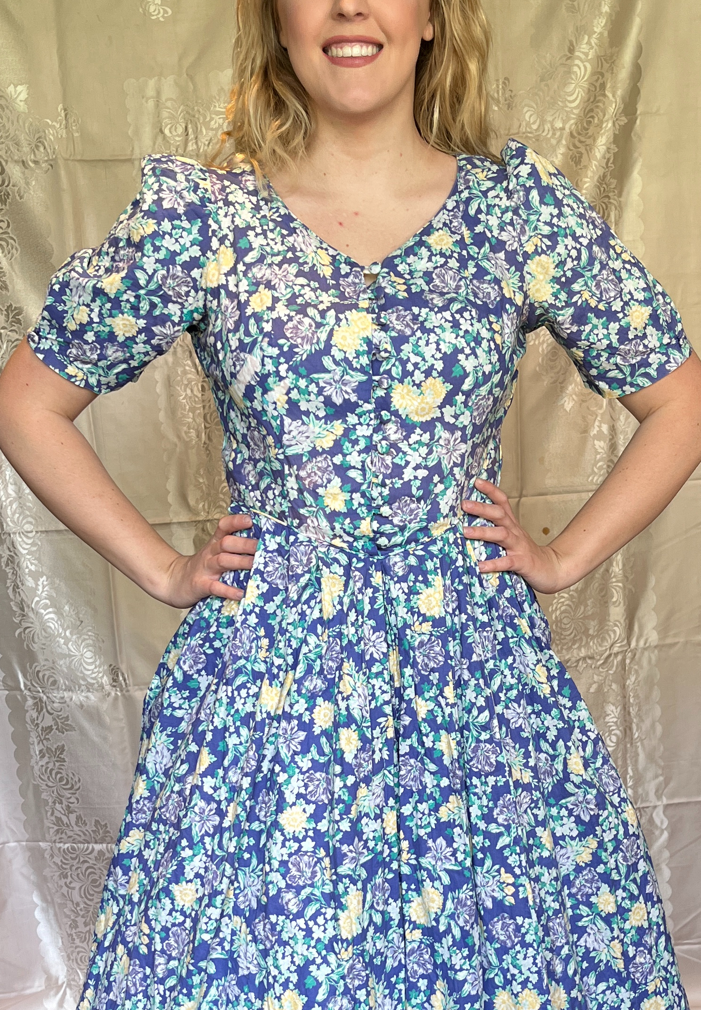 Vintage 1980’s "Laura Ashley" Indigo with Yellow & Purple Floral Dress