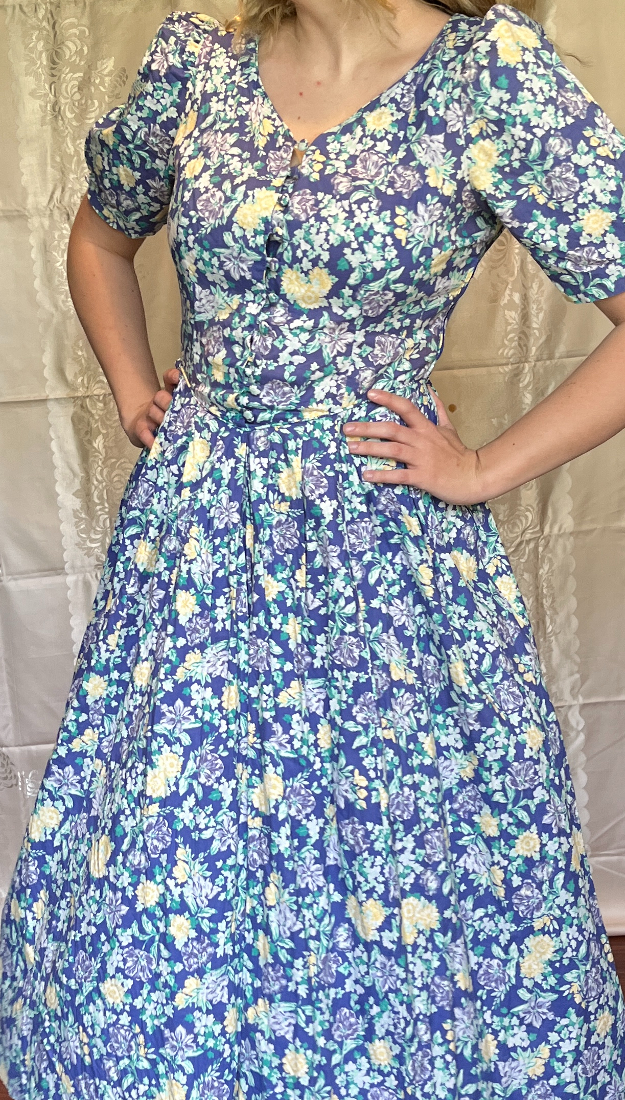 Vintage 1980’s "Laura Ashley" Indigo with Yellow & Purple Floral Dress