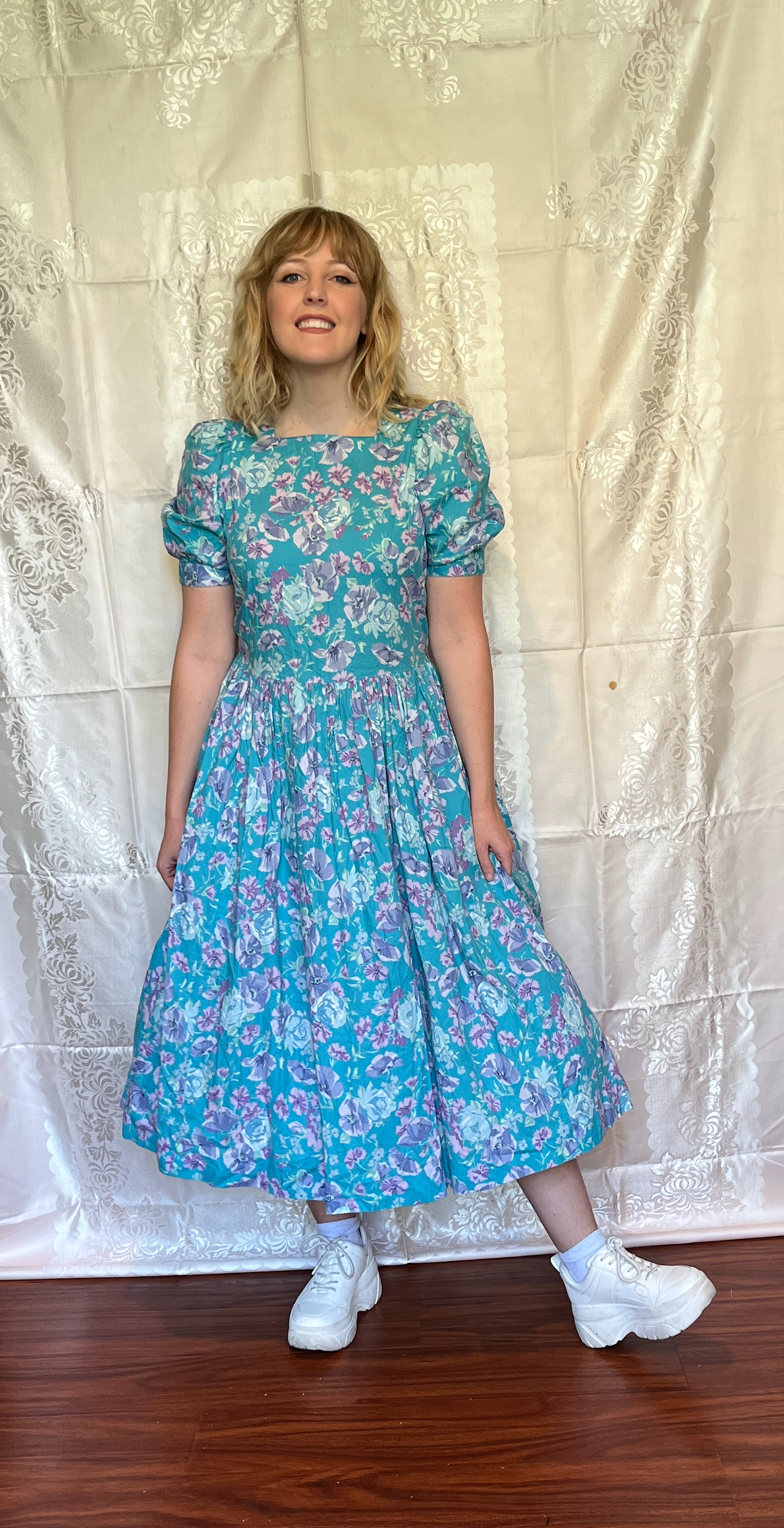 Vintage 1980’s "Laura Ashley" Aqua with Blue & Purple Floral Dress