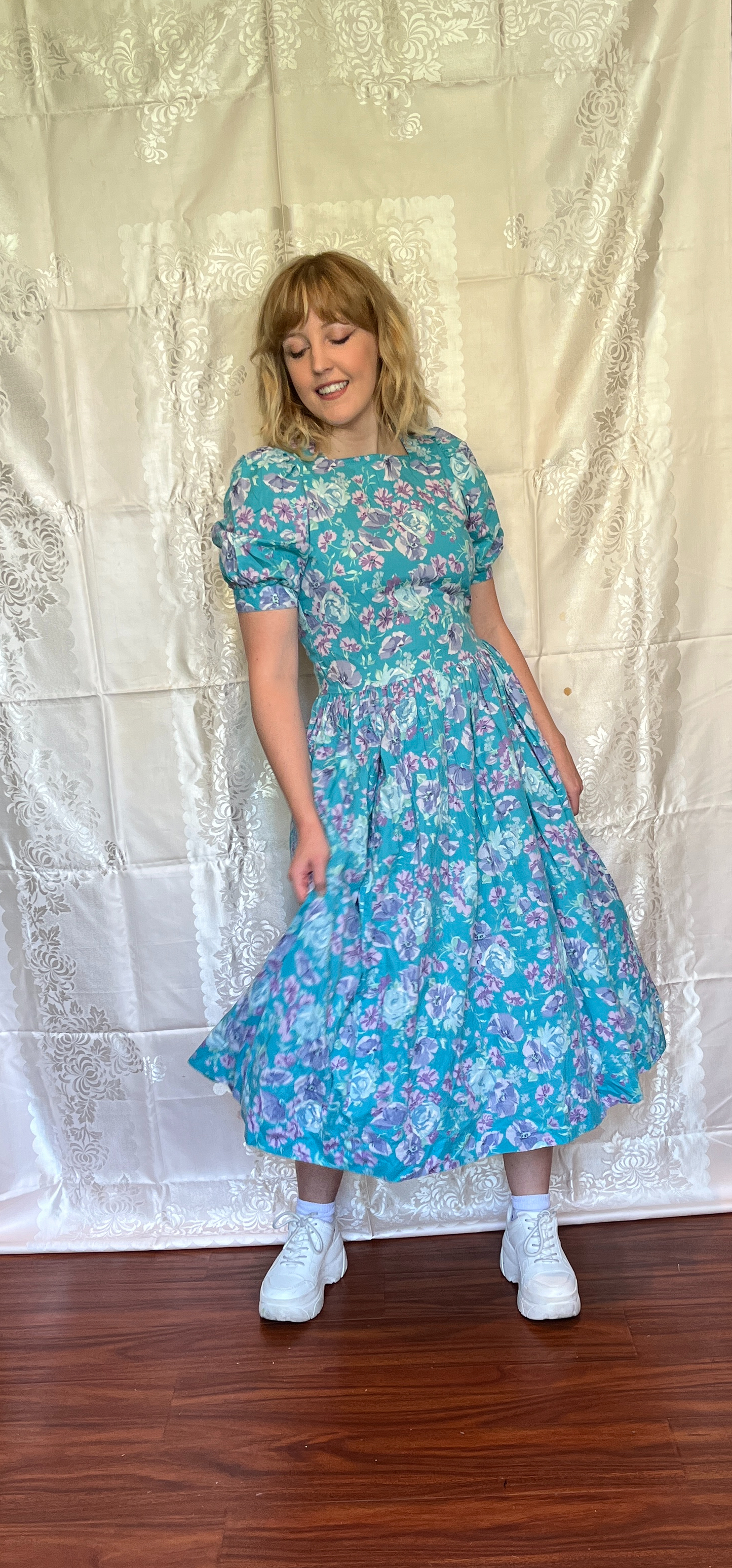 Vintage 1980’s "Laura Ashley" Aqua with Blue & Purple Floral Dress