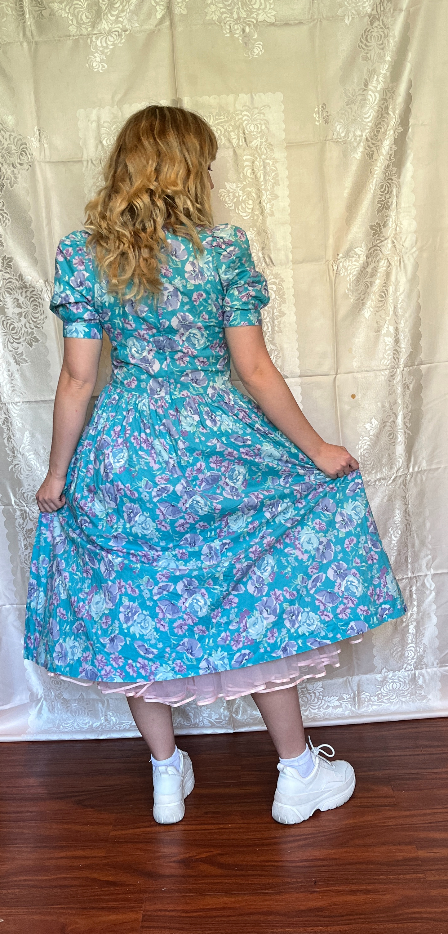 Vintage 1980’s "Laura Ashley" Aqua with Blue & Purple Floral Dress