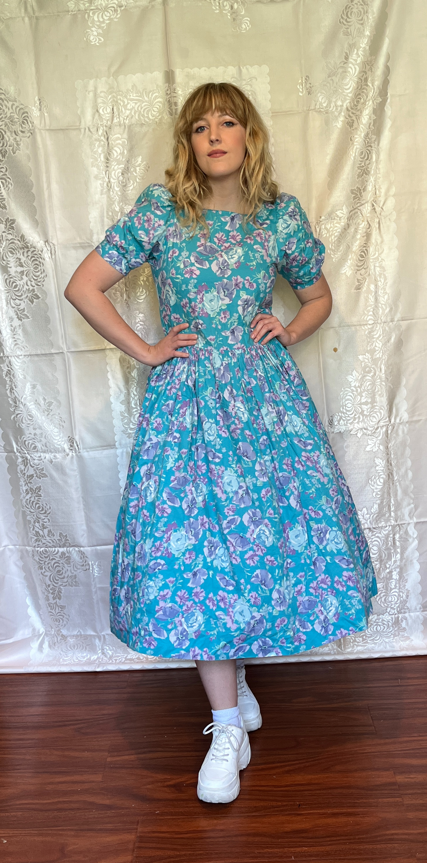 Vintage 1980’s "Laura Ashley" Aqua with Blue & Purple Floral Dress