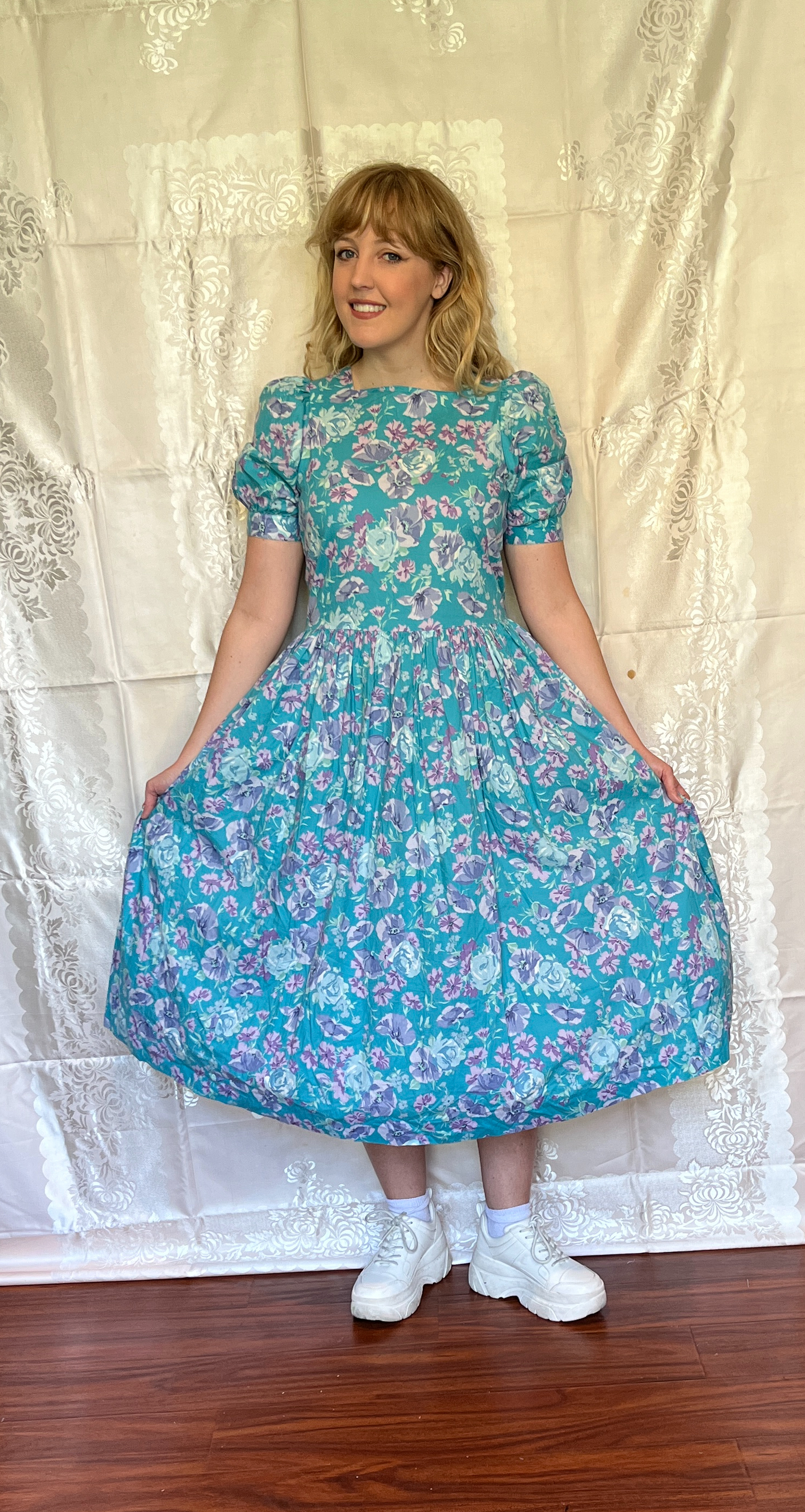 Vintage 1980’s "Laura Ashley" Aqua with Blue & Purple Floral Dress
