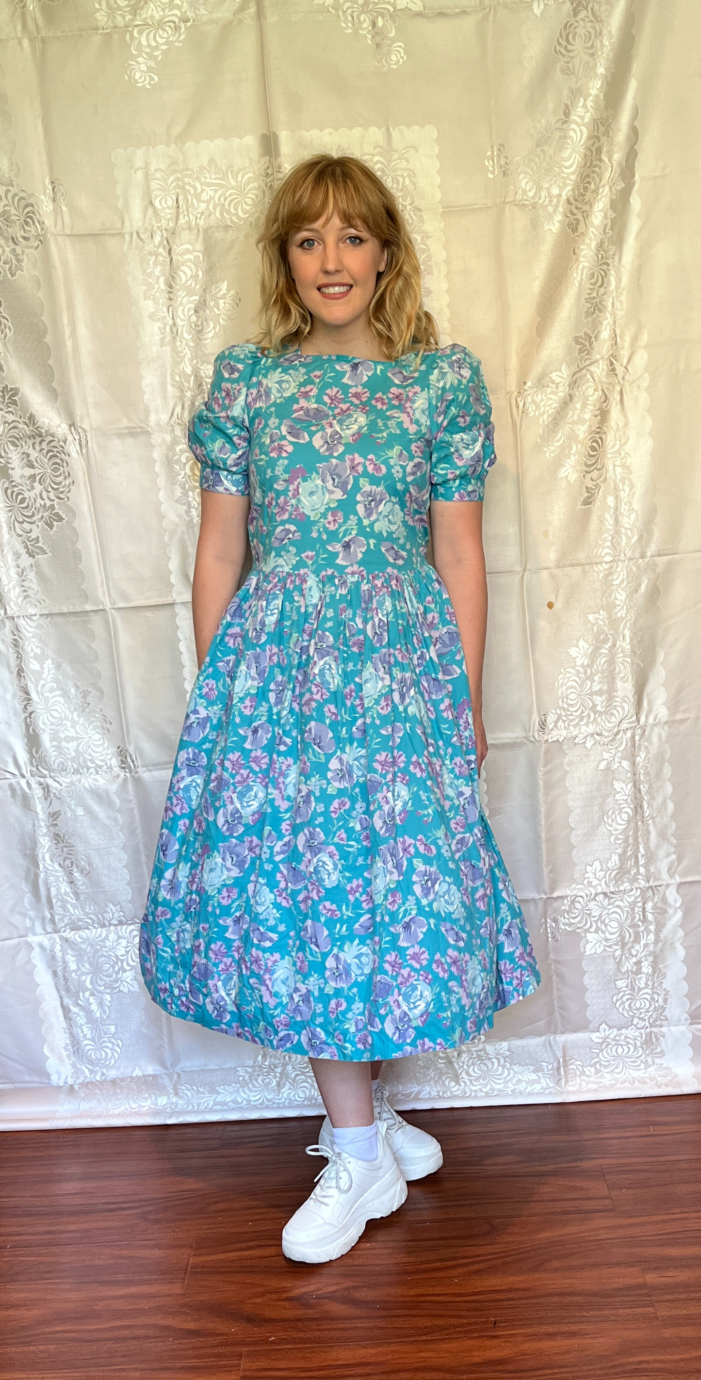Vintage 1980’s "Laura Ashley" Aqua with Blue & Purple Floral Dress