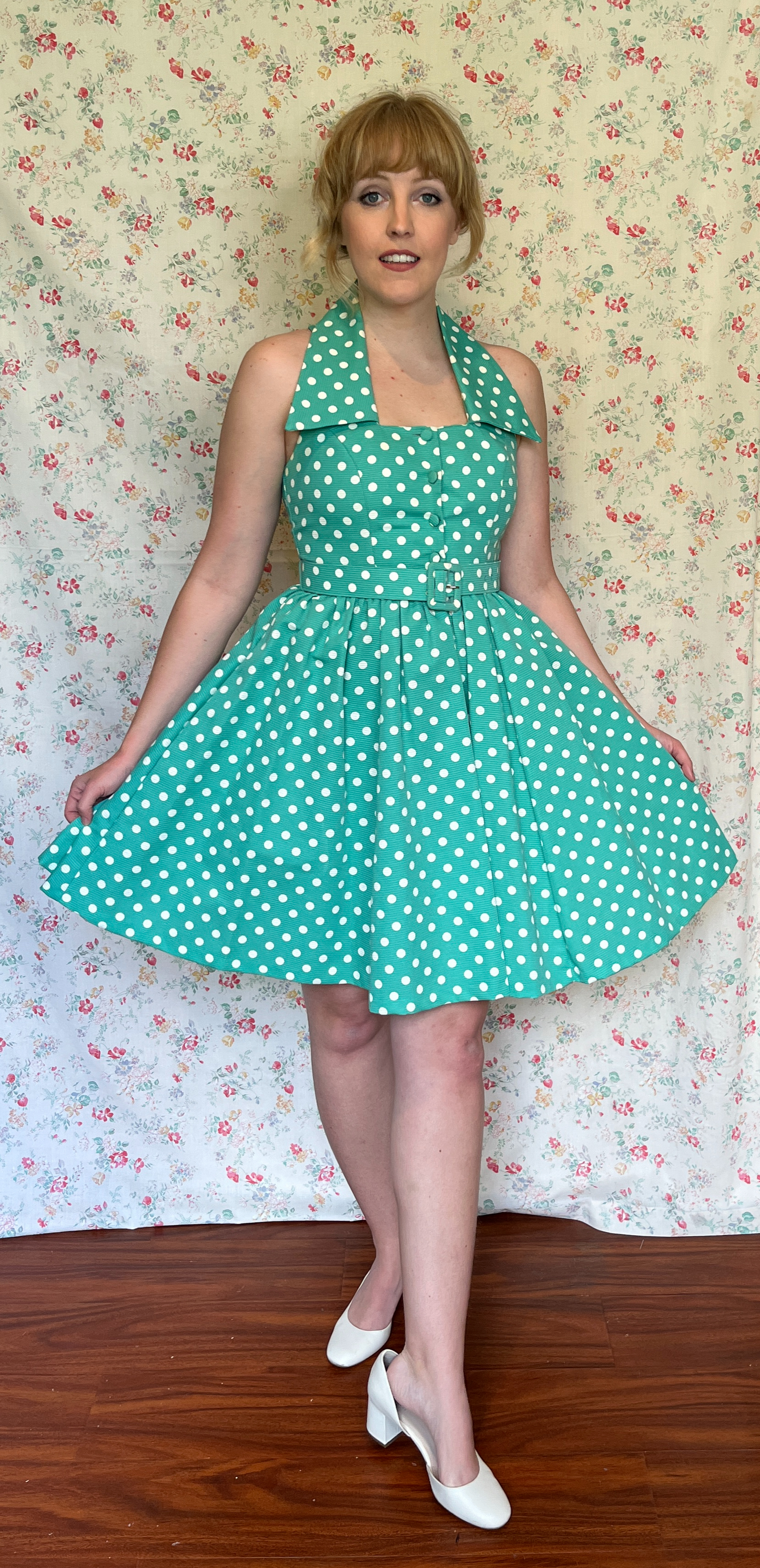 Vintage 1990’s "Laura Ashley" Green & White Polka Dot Halter Dress