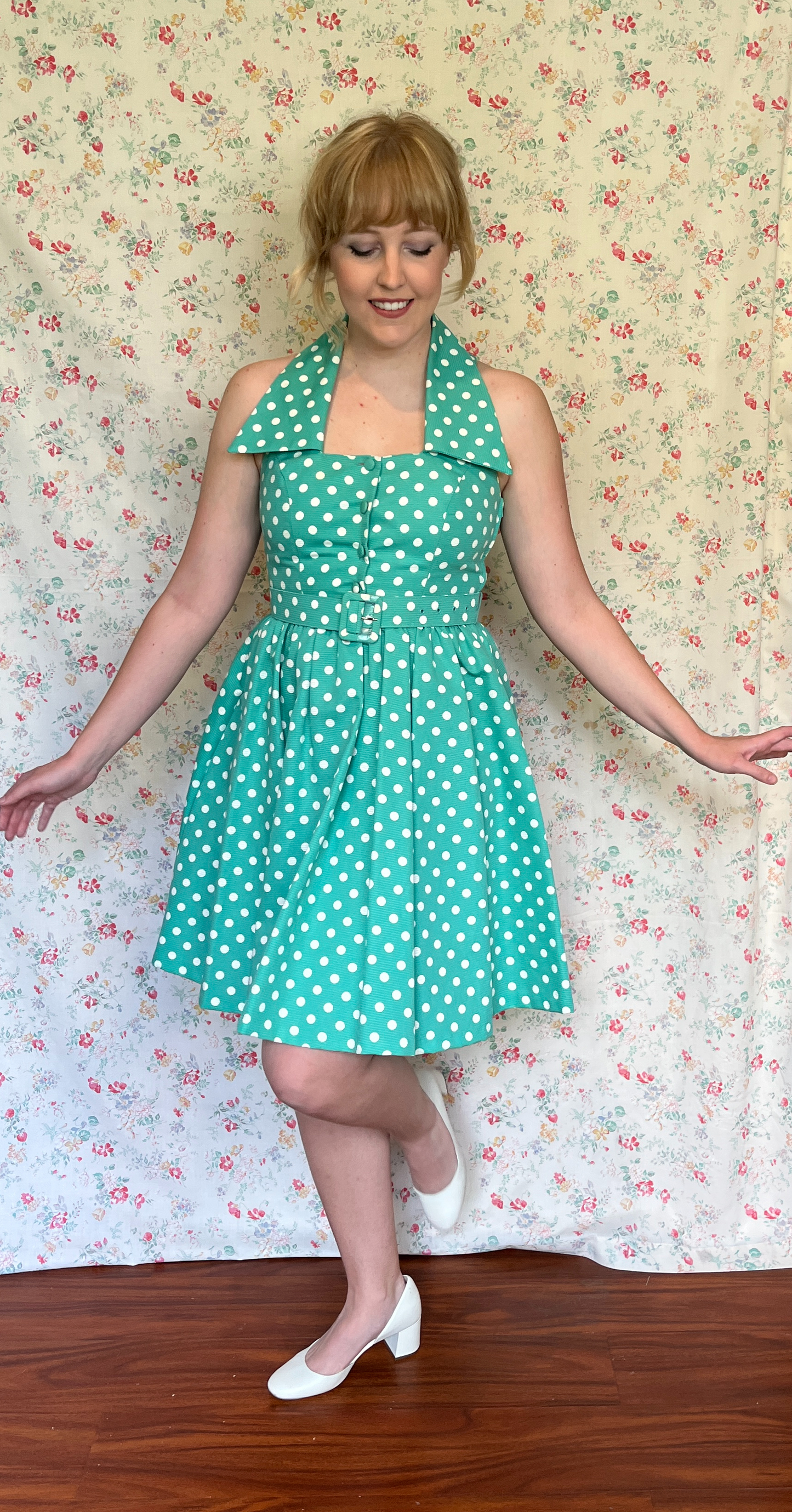 Vintage 1990’s "Laura Ashley" Green & White Polka Dot Halter Dress