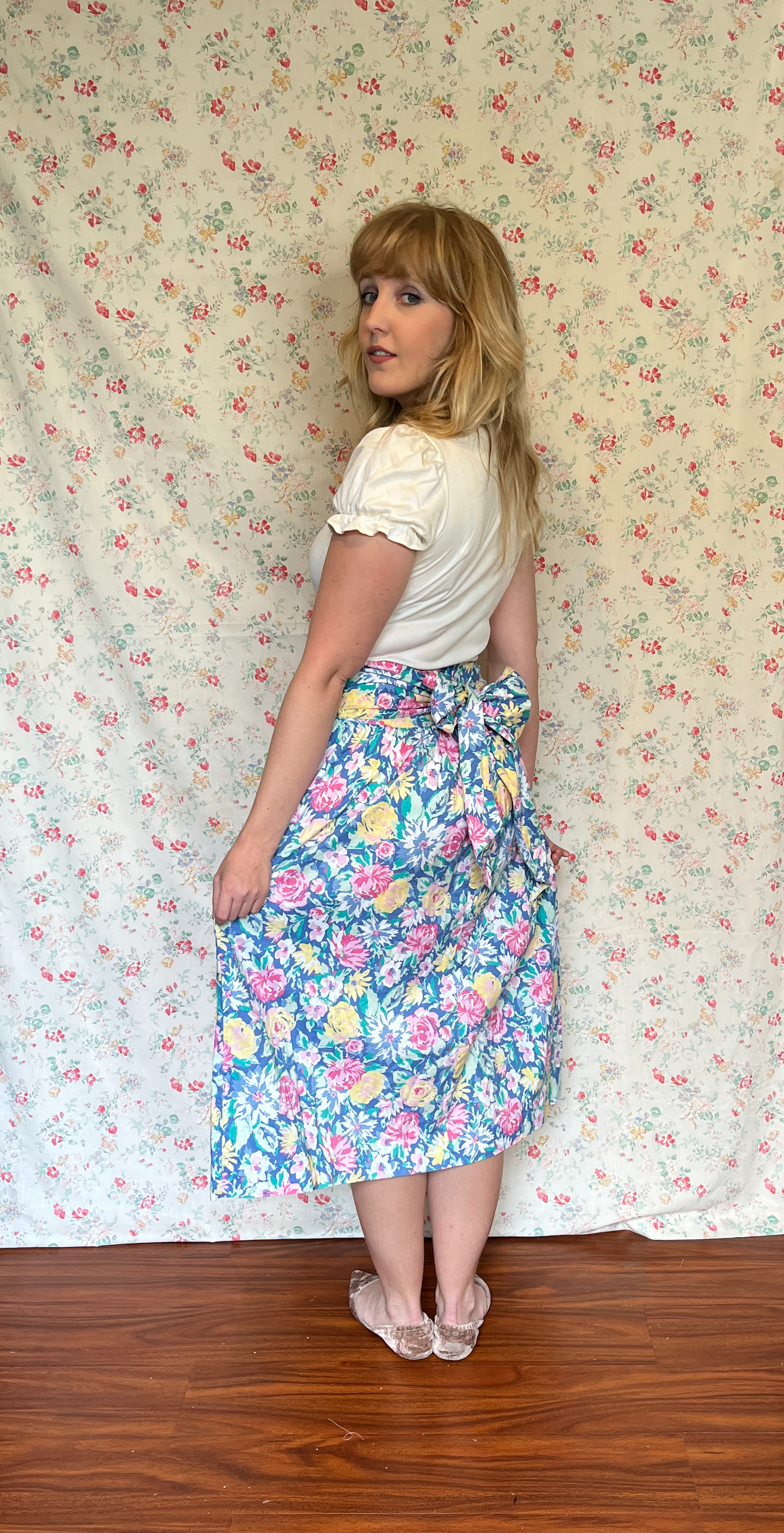 Vintage 1980’s "Laura Ashley" Blue, Pink & Yellow Floral Midi Skirt with Sash