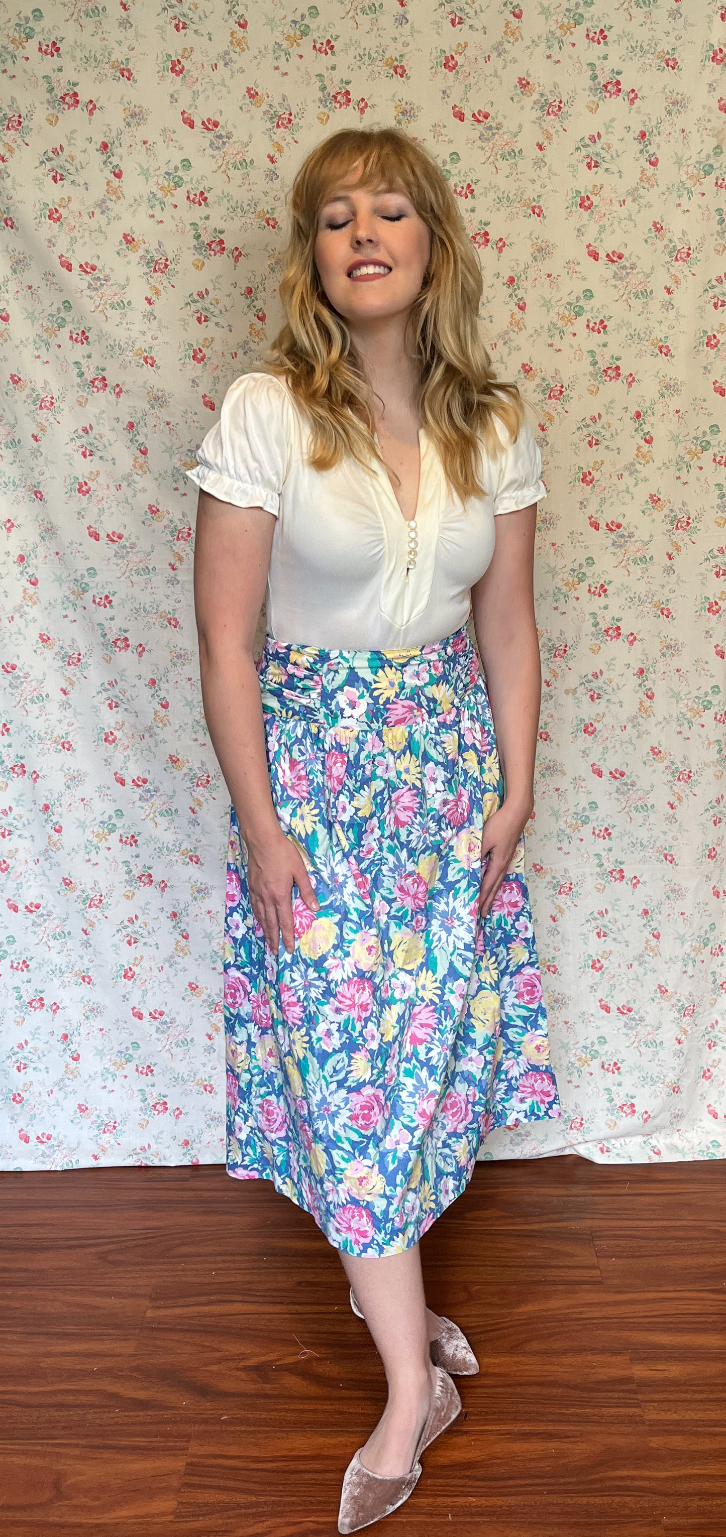 Vintage 1980’s "Laura Ashley" Blue, Pink & Yellow Floral Midi Skirt with Sash