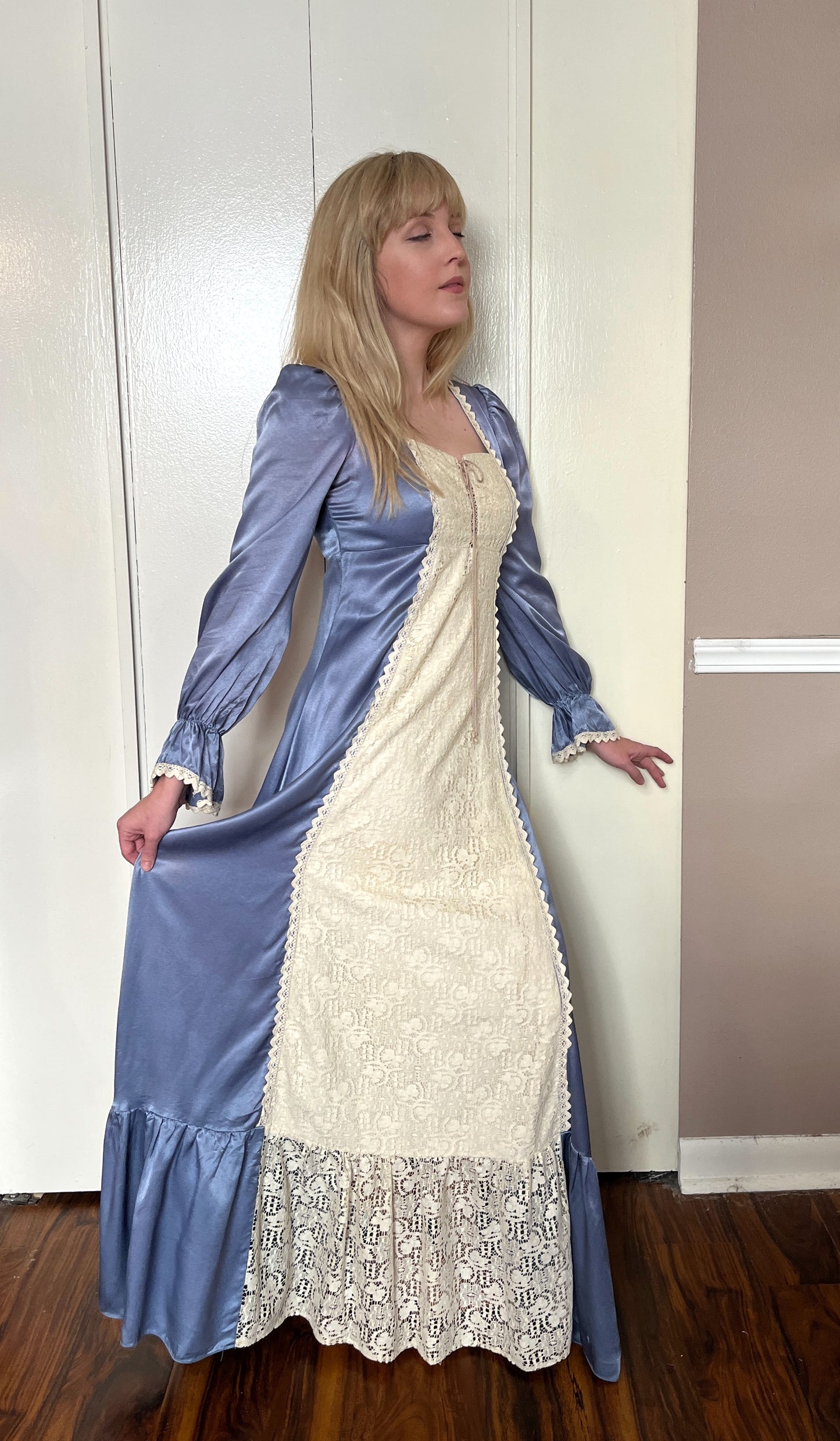 Vintage 1970’s "Gunne Sax by Jessica McClintock" Indigo Satin-Crepe Long Sleeve Maxi Dress