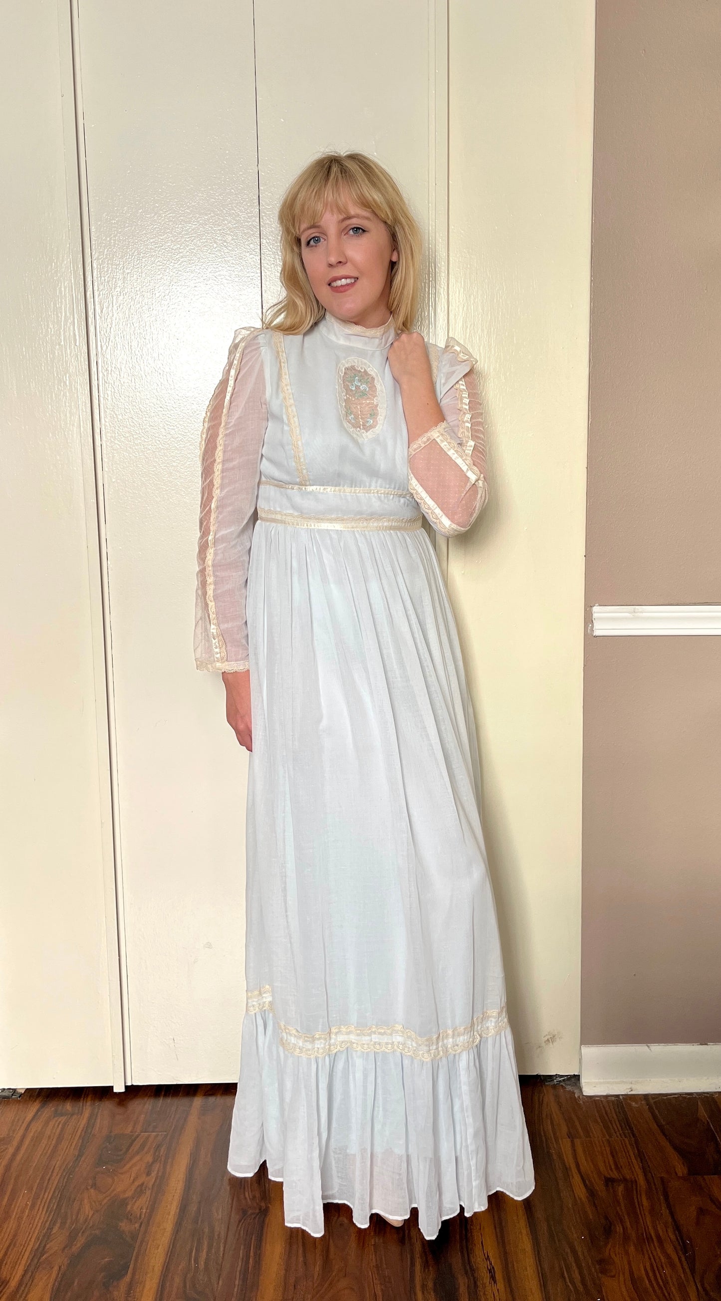 Vintage 1970’s "Gunne Sax by Jessica McClintock" Cameo-Front Baby Blue Maxi Dress