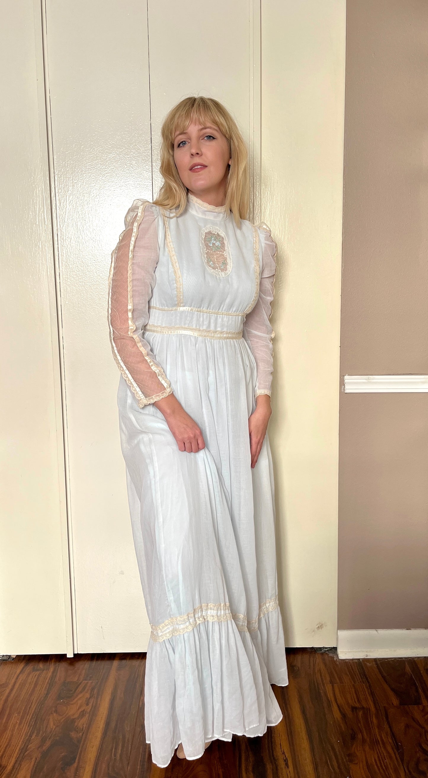 Vintage 1970’s "Gunne Sax by Jessica McClintock" Cameo-Front Baby Blue Maxi Dress