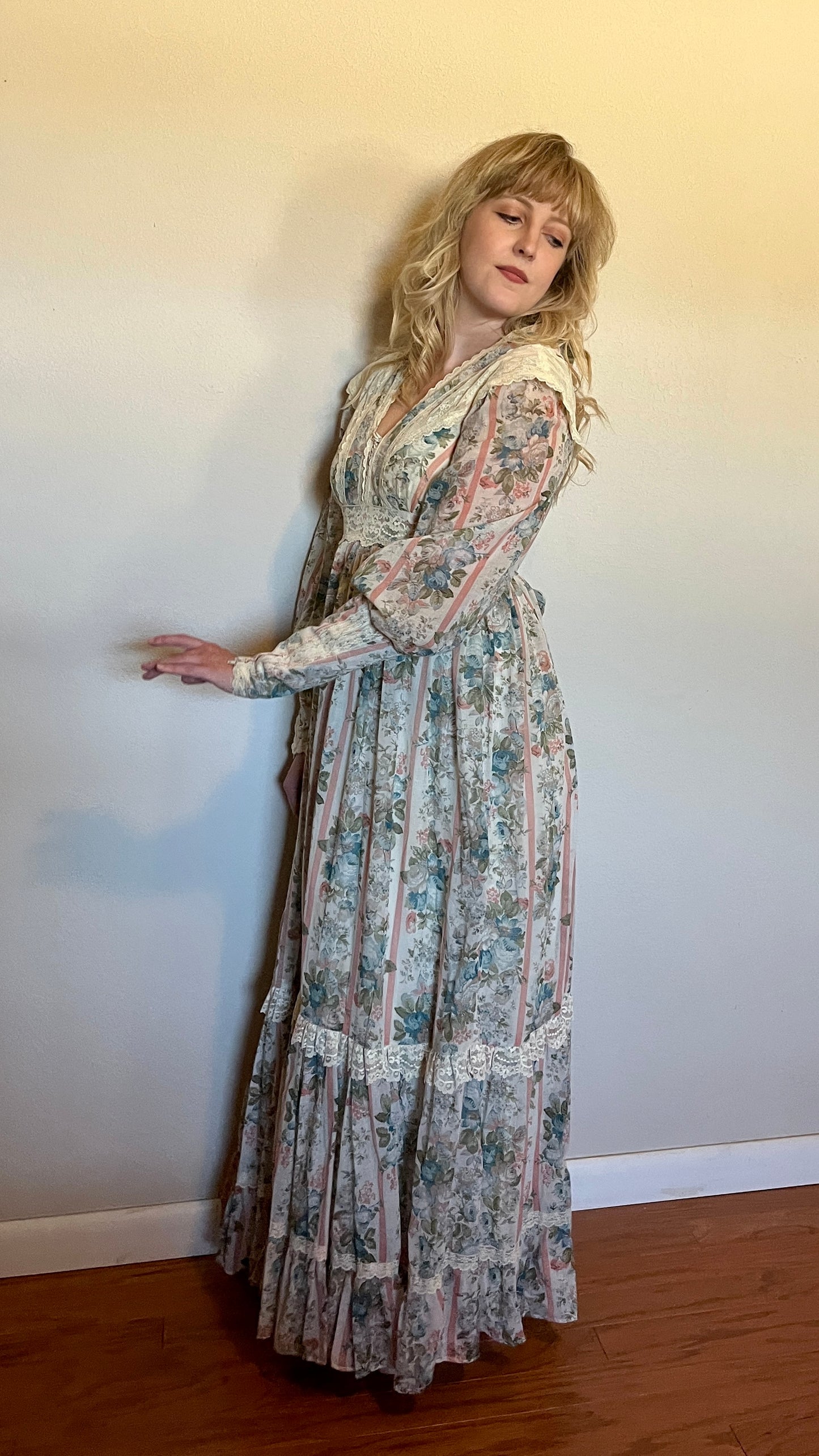 Vintage 1970’s Gunne Sax by Jessica McClintock Blue, Pink & Ivory Floral & Lace Long Sleeve Maxi Dress