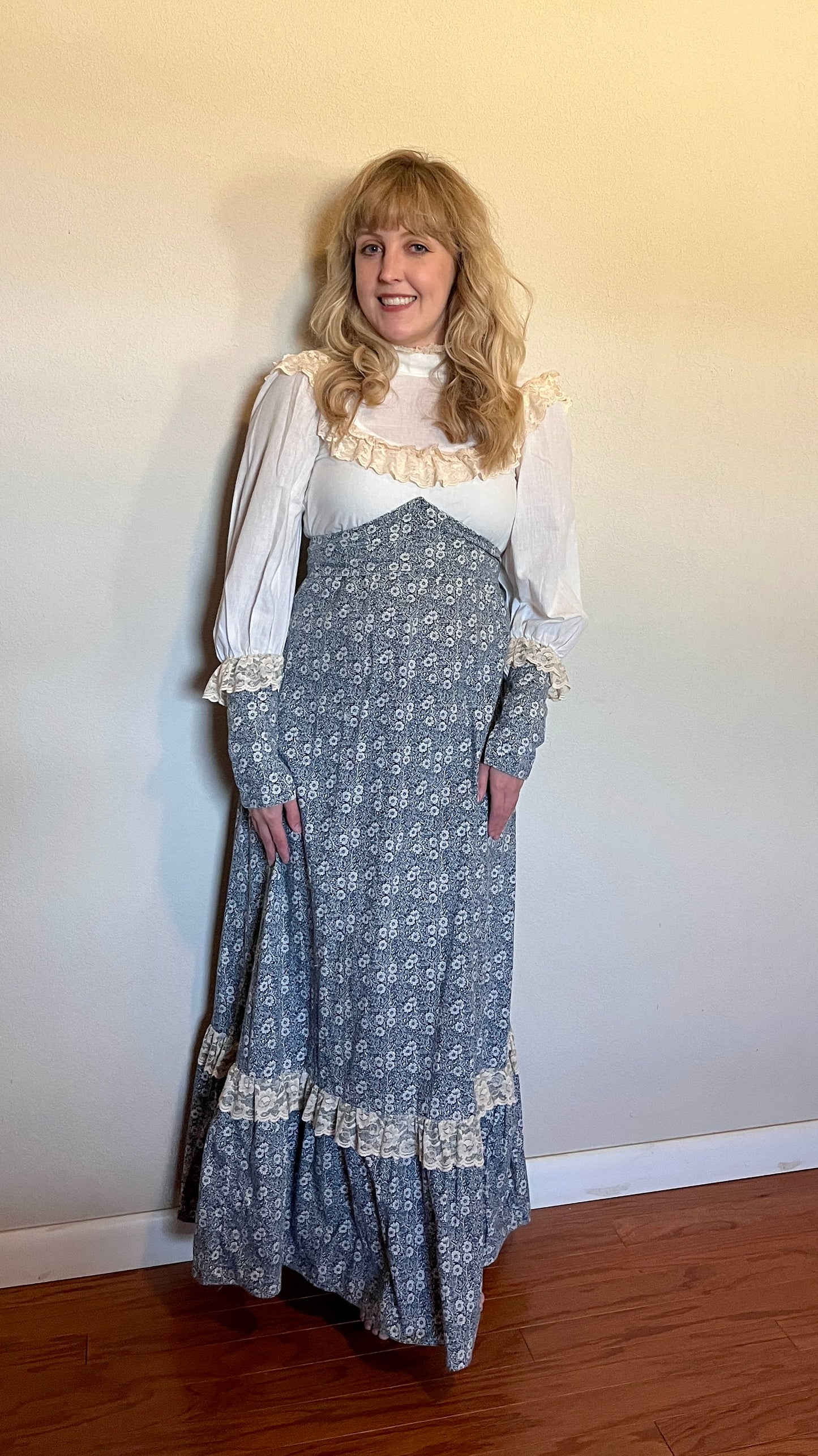 Vintage 1960’s "Gunne Sax by Jessica McClintock" White & Blue Floral Maxi Dress