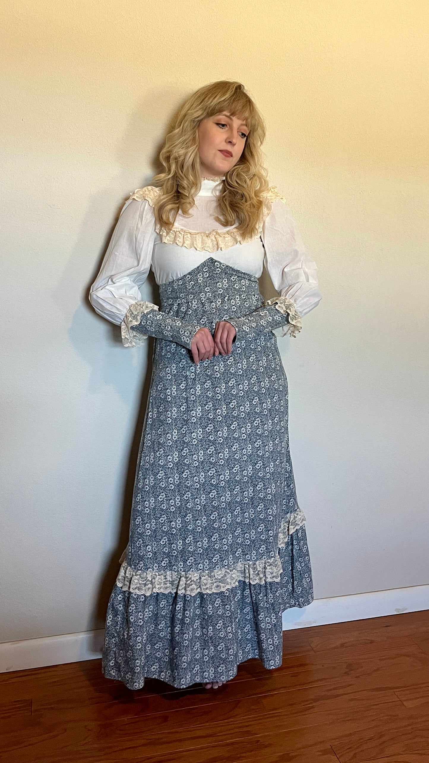 Vintage 1960’s "Gunne Sax by Jessica McClintock" White & Blue Floral Maxi Dress
