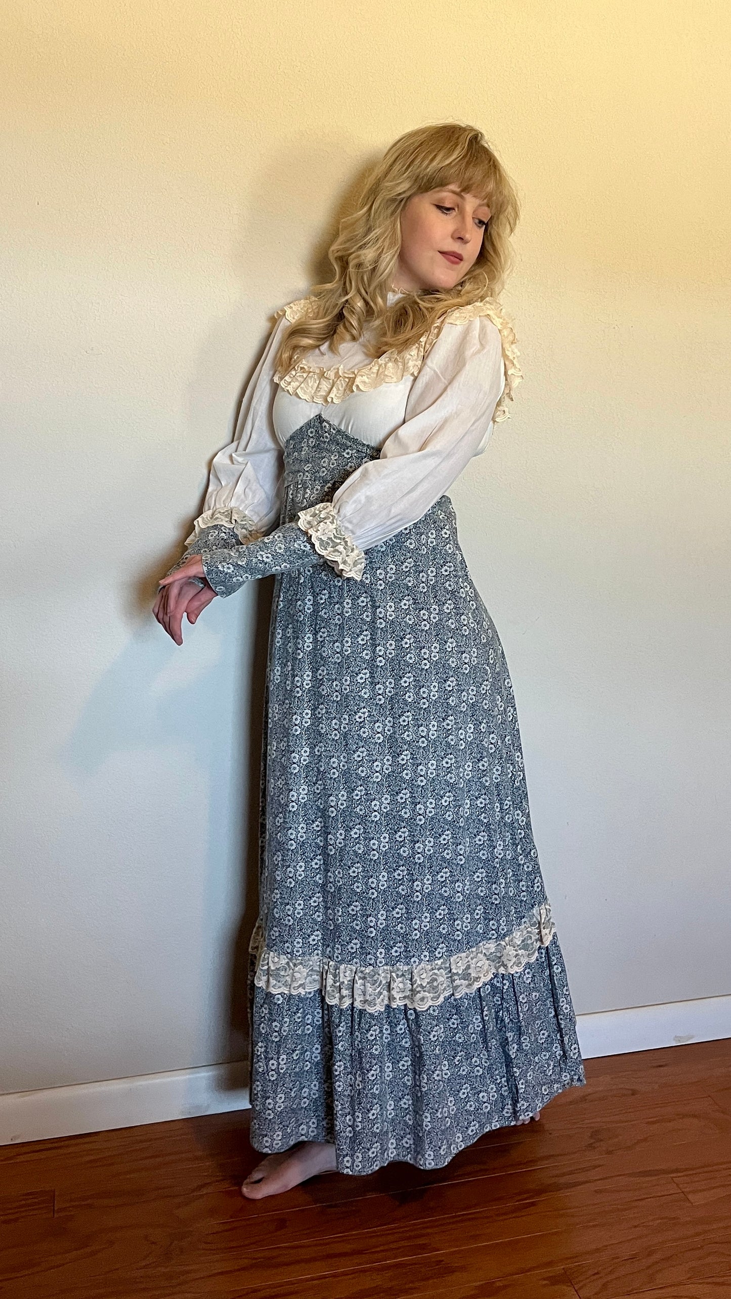 Vintage 1960’s "Gunne Sax by Jessica McClintock" White & Blue Floral Maxi Dress