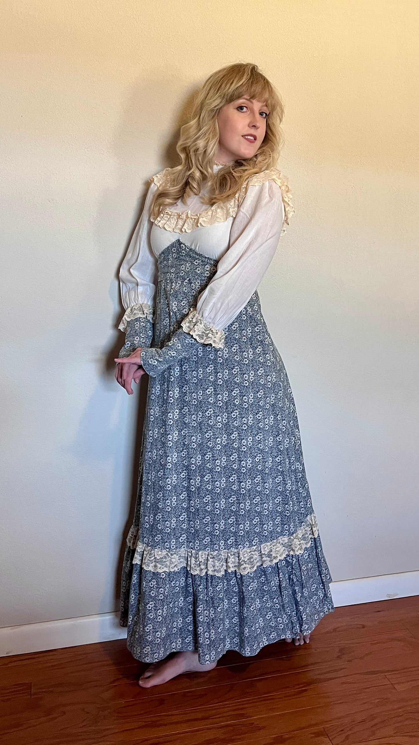 Vintage 1960’s "Gunne Sax by Jessica McClintock" White & Blue Floral Maxi Dress