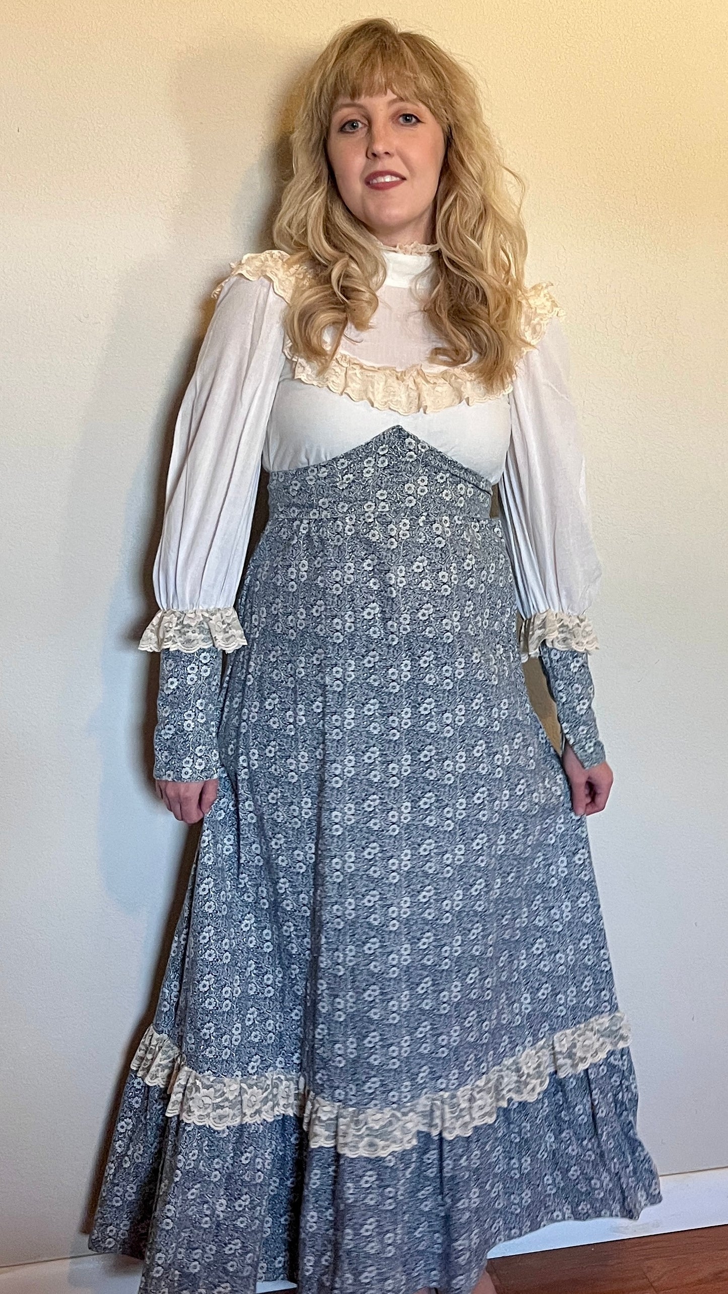 Vintage 1960’s "Gunne Sax by Jessica McClintock" White & Blue Floral Maxi Dress