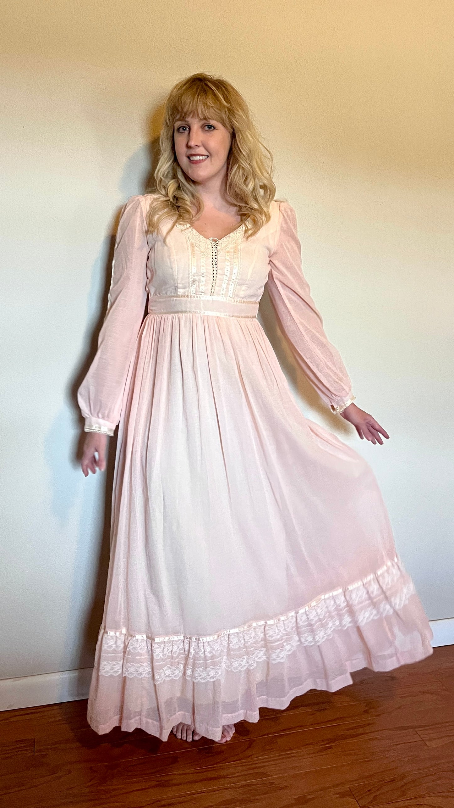 Vintage 1970’s "Gunne Sax by Jessica McClintock" Baby Pink Long Sleeve Maxi Dress