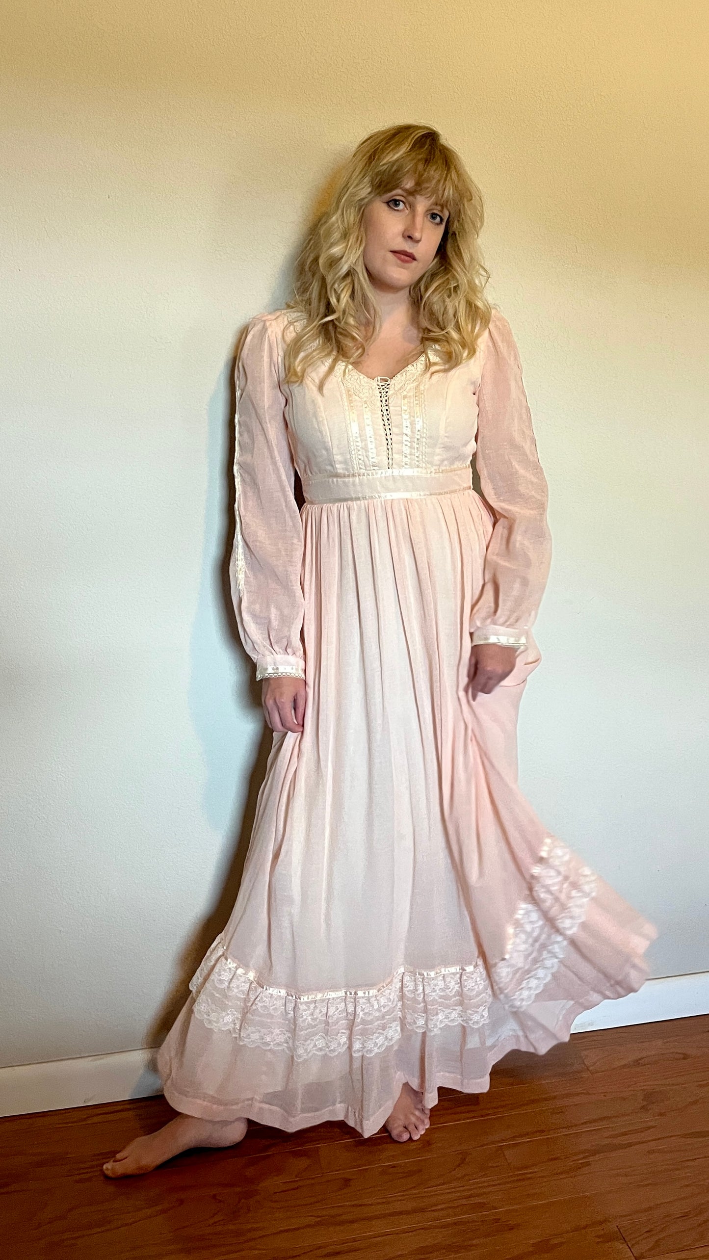 Vintage 1970’s "Gunne Sax by Jessica McClintock" Baby Pink Long Sleeve Maxi Dress