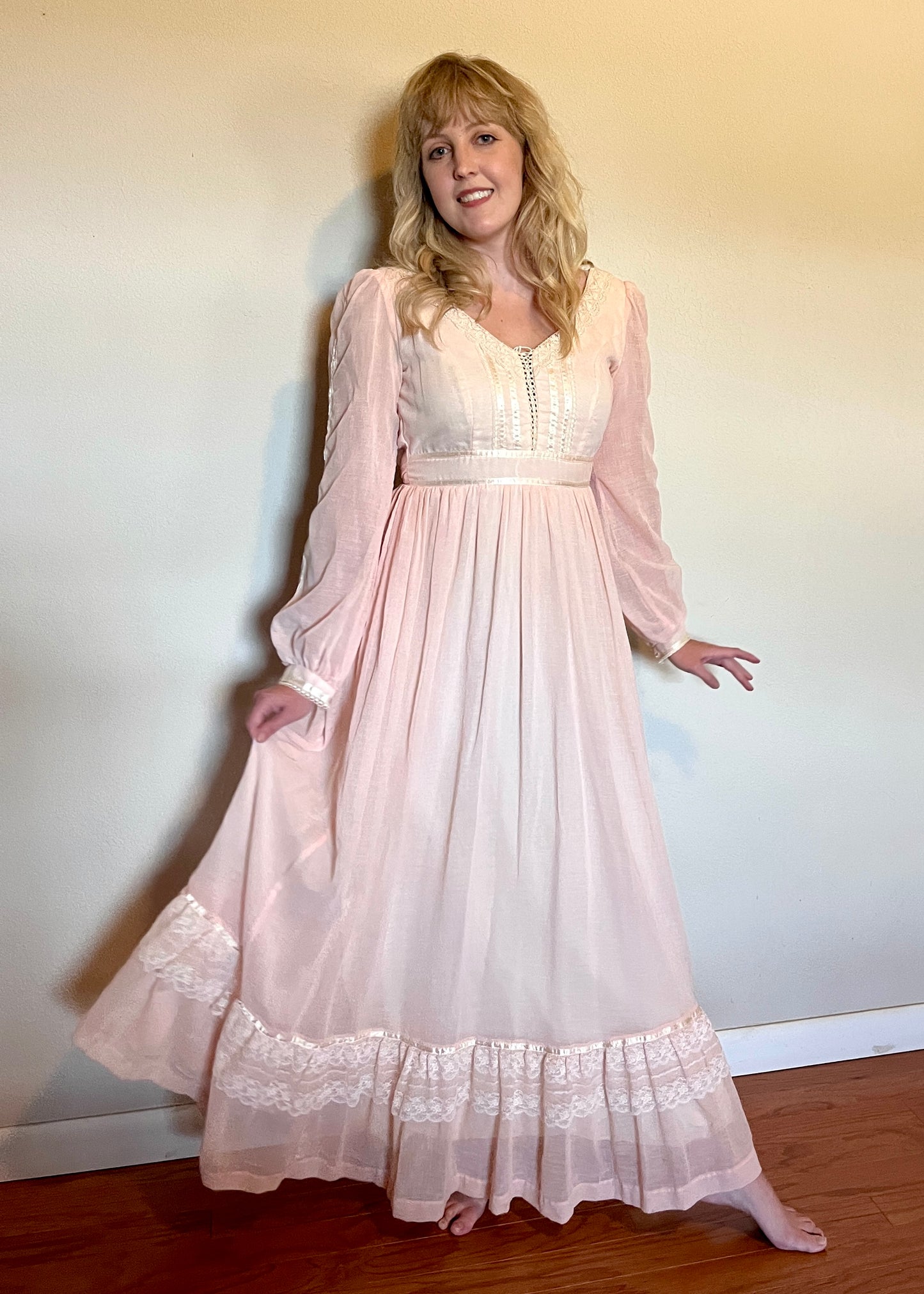 Vintage 1970’s "Gunne Sax by Jessica McClintock" Baby Pink Long Sleeve Maxi Dress