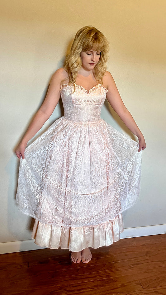 Vintage 1980’s "Gunne Sax by Jessica McClintock" Light Pink Lace & Satin Strapless Tea Length Dress