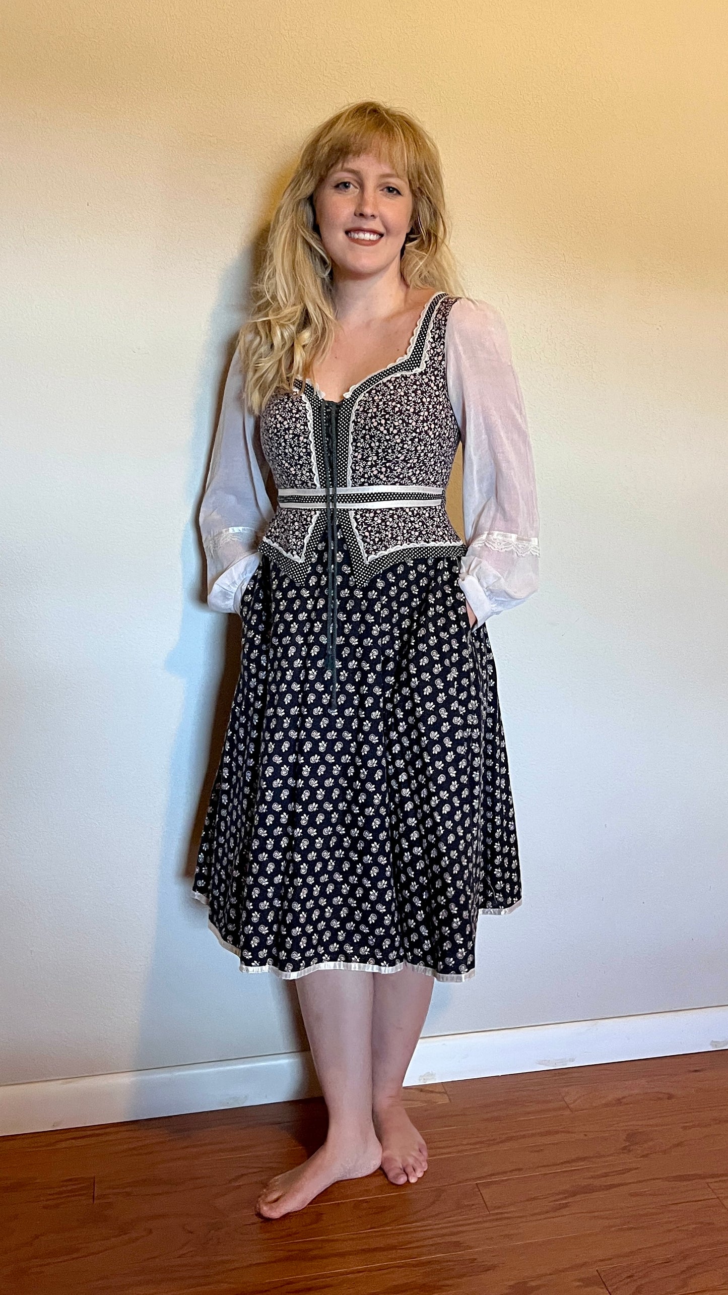 Vintage 1970’s "Gunne Sax by Jessica McClintock" Black & Purple Peplum Midi Dress (Altered)