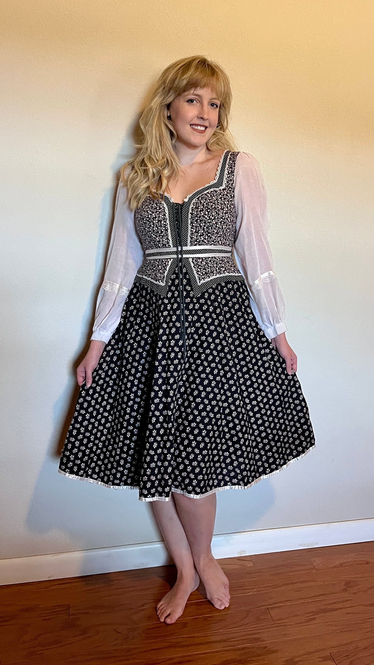 Vintage 1970’s "Gunne Sax by Jessica McClintock" Black & Purple Peplum Midi Dress (Altered)