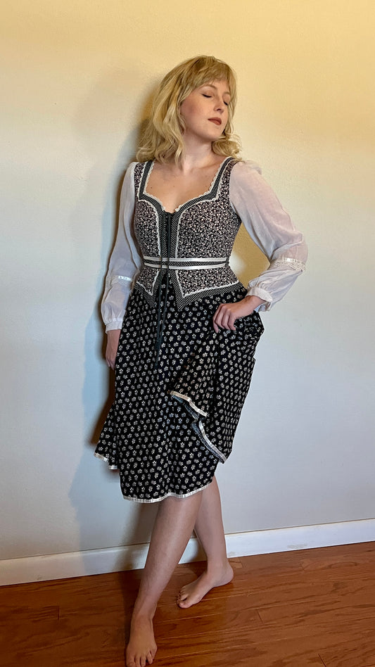 Vintage 1970’s "Gunne Sax by Jessica McClintock" Black & Purple Peplum Midi Dress (Altered)