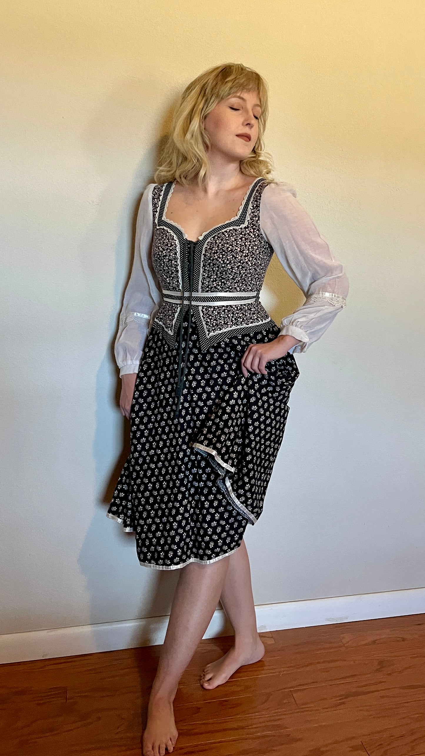 Vintage 1970’s "Gunne Sax by Jessica McClintock" Black & Purple Peplum Midi Dress (Altered)